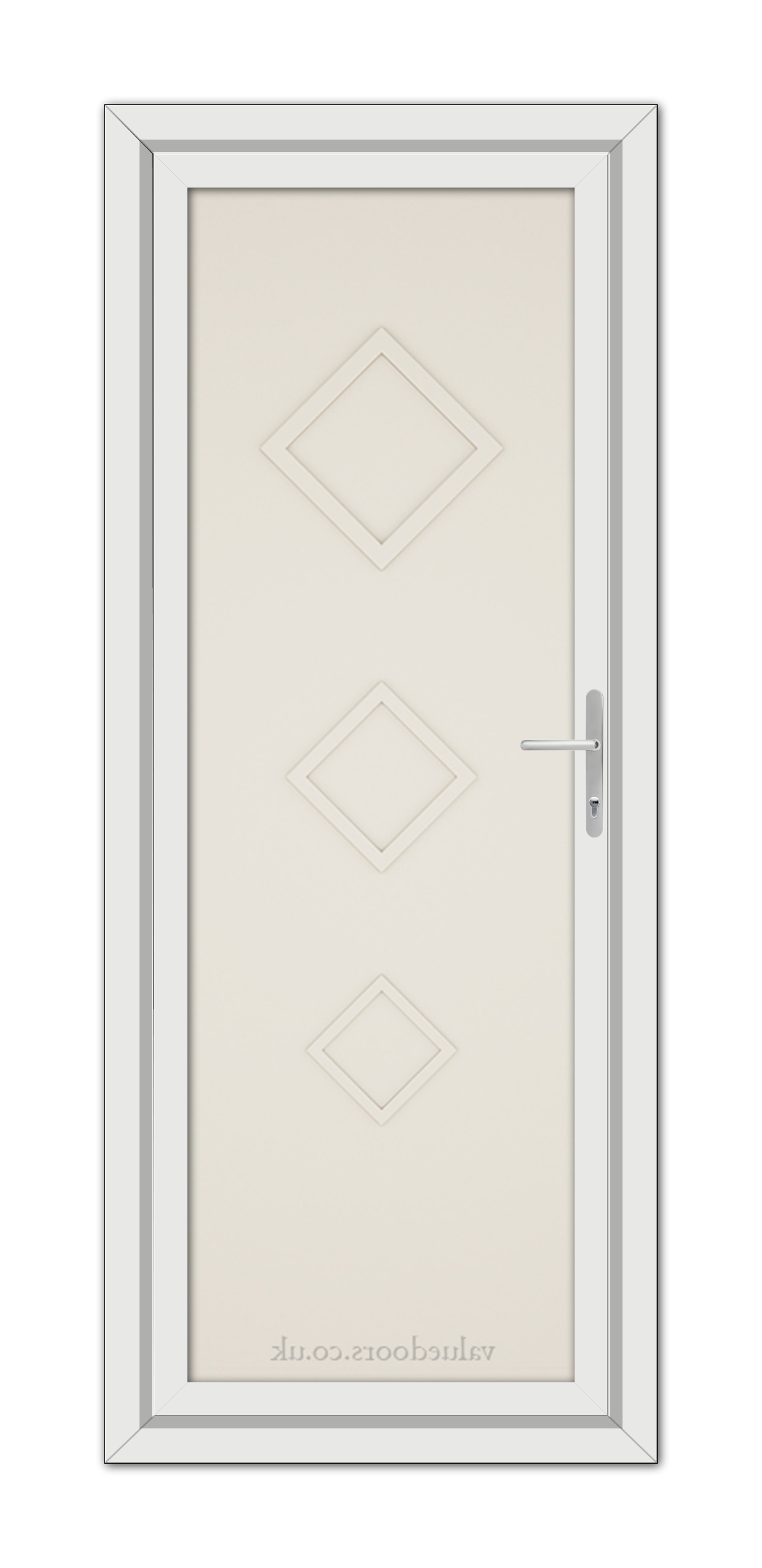 A vertical image of a closed, Cream Modern 5123 Solid uPVC Door with a beige frame, featuring two diamond-shaped panels and a metallic handle.