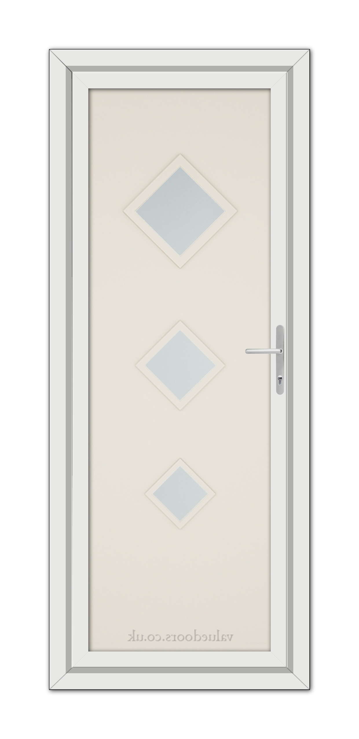 A vertical image of a closed Cream Modern 5123 uPVC Door with three diamond-shaped windows and a metallic handle, viewed from the front.