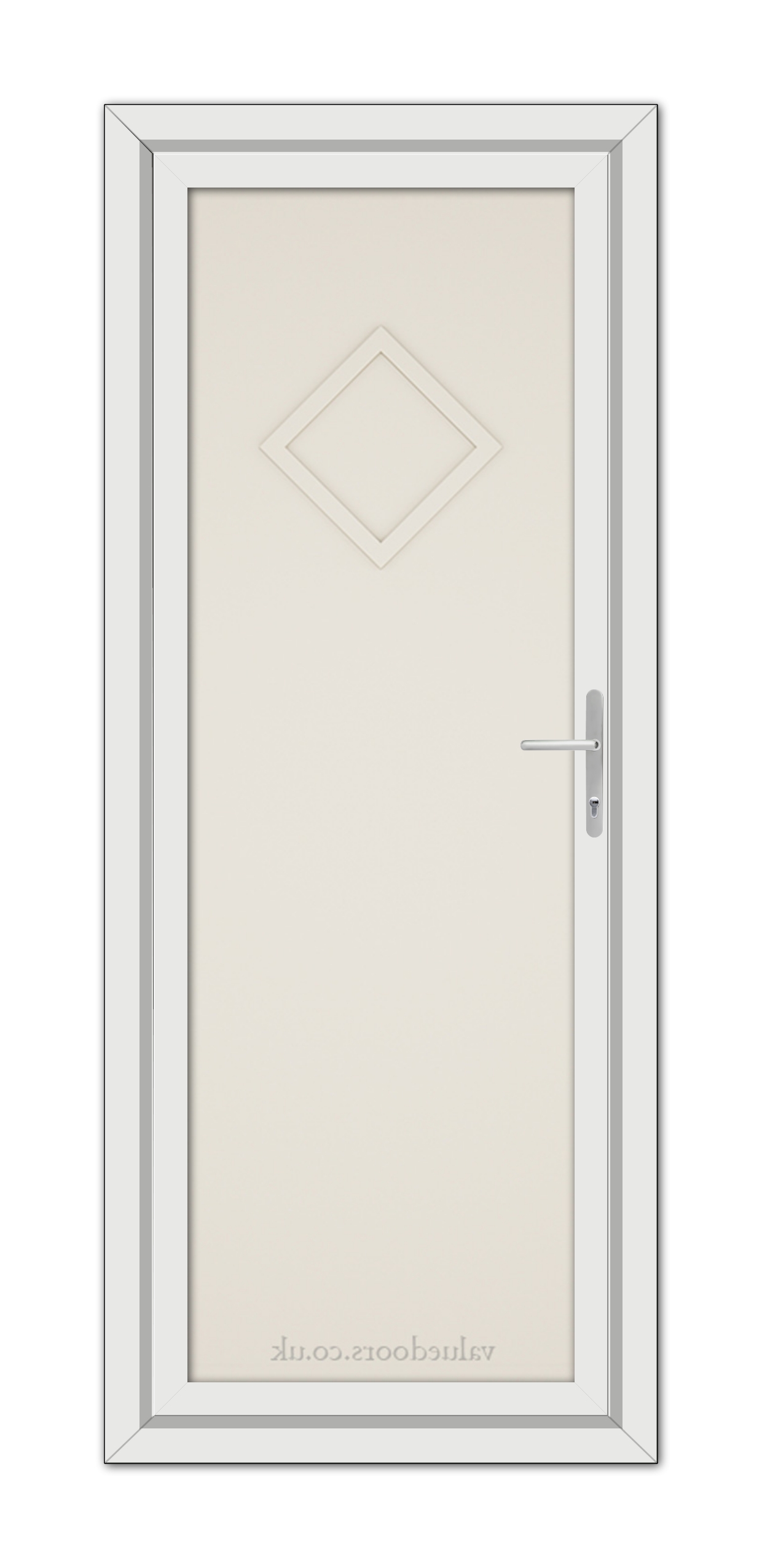 Vertical view of a closed Cream Modern 5131 Solid uPVC Door with a diamond-shaped window and a metallic handle, set in a white frame.