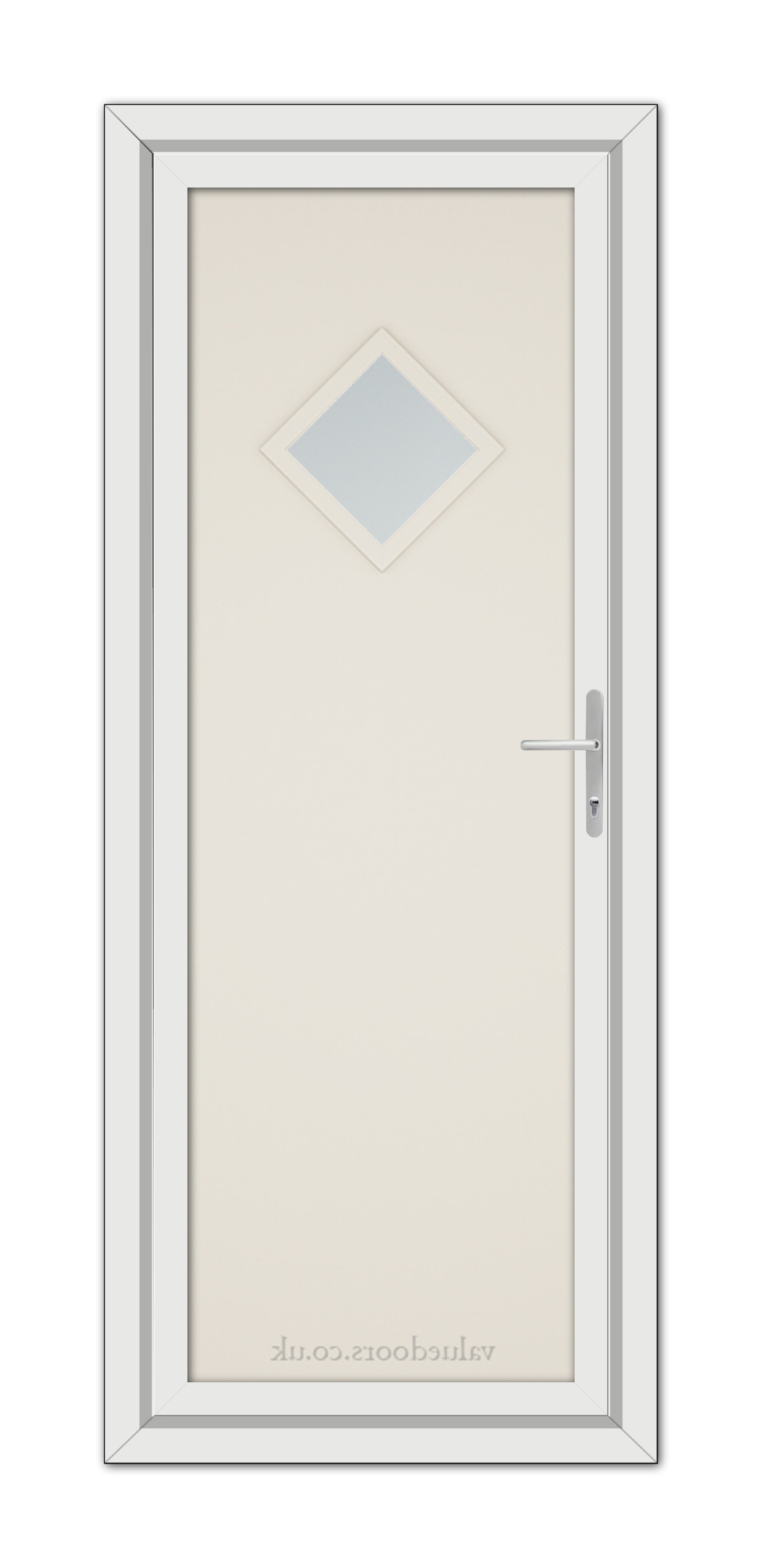 Cream Modern 5131 uPVC door with a diamond-shaped window and a metallic handle, set within a grey frame.