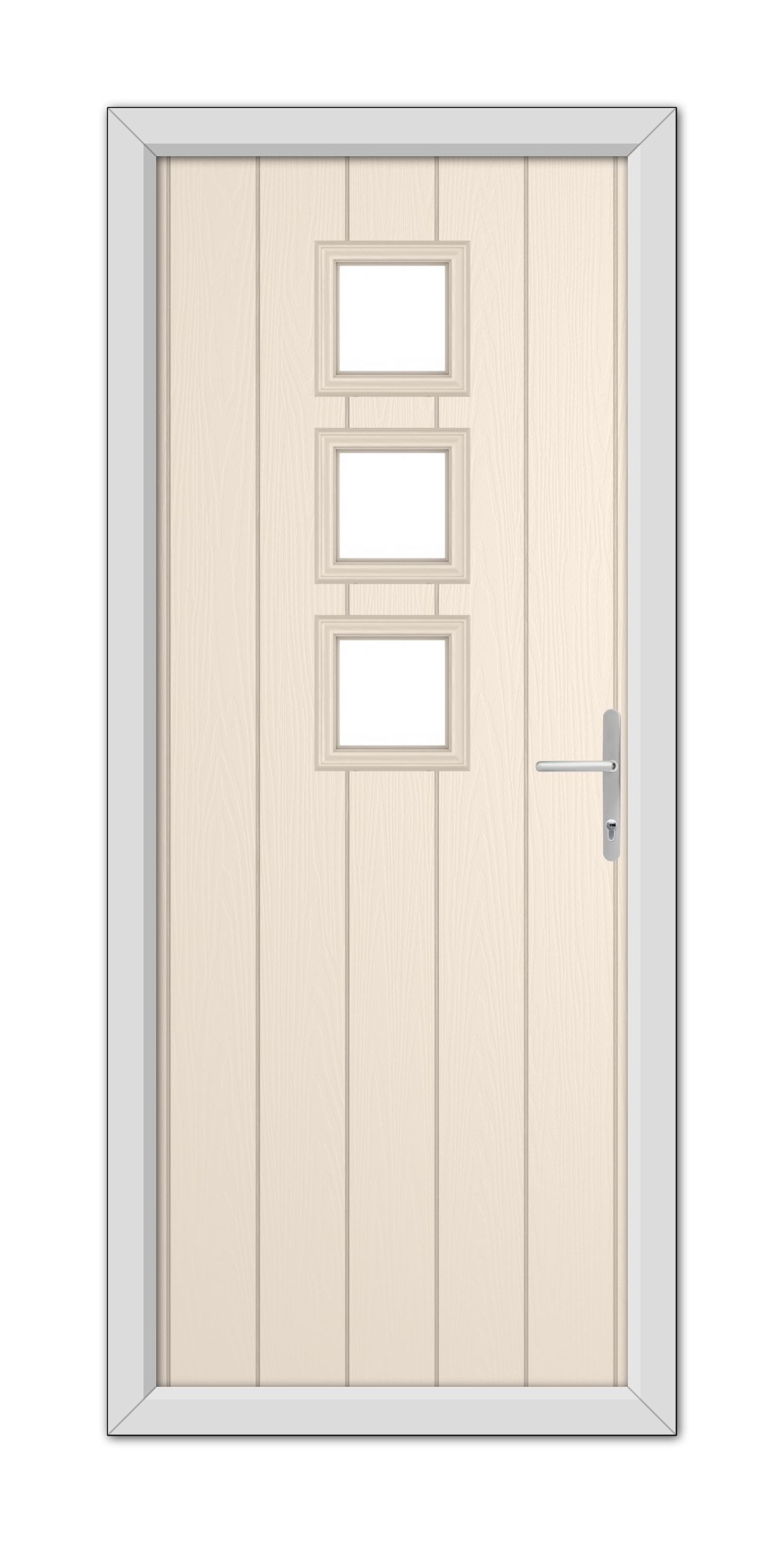 A Cream Montrose Composite Door 48mm Timber Core with three square glass panels and a silver handle, set within a grey frame.