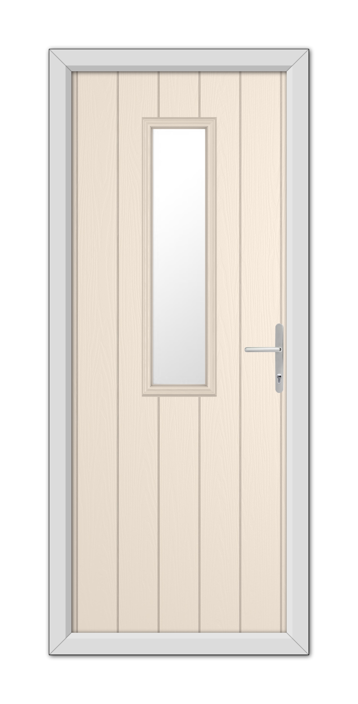 A modern Cream Mowbray Composite Door 48mm Timber Core with a vertical glass panel and a metal handle, set within a gray frame.