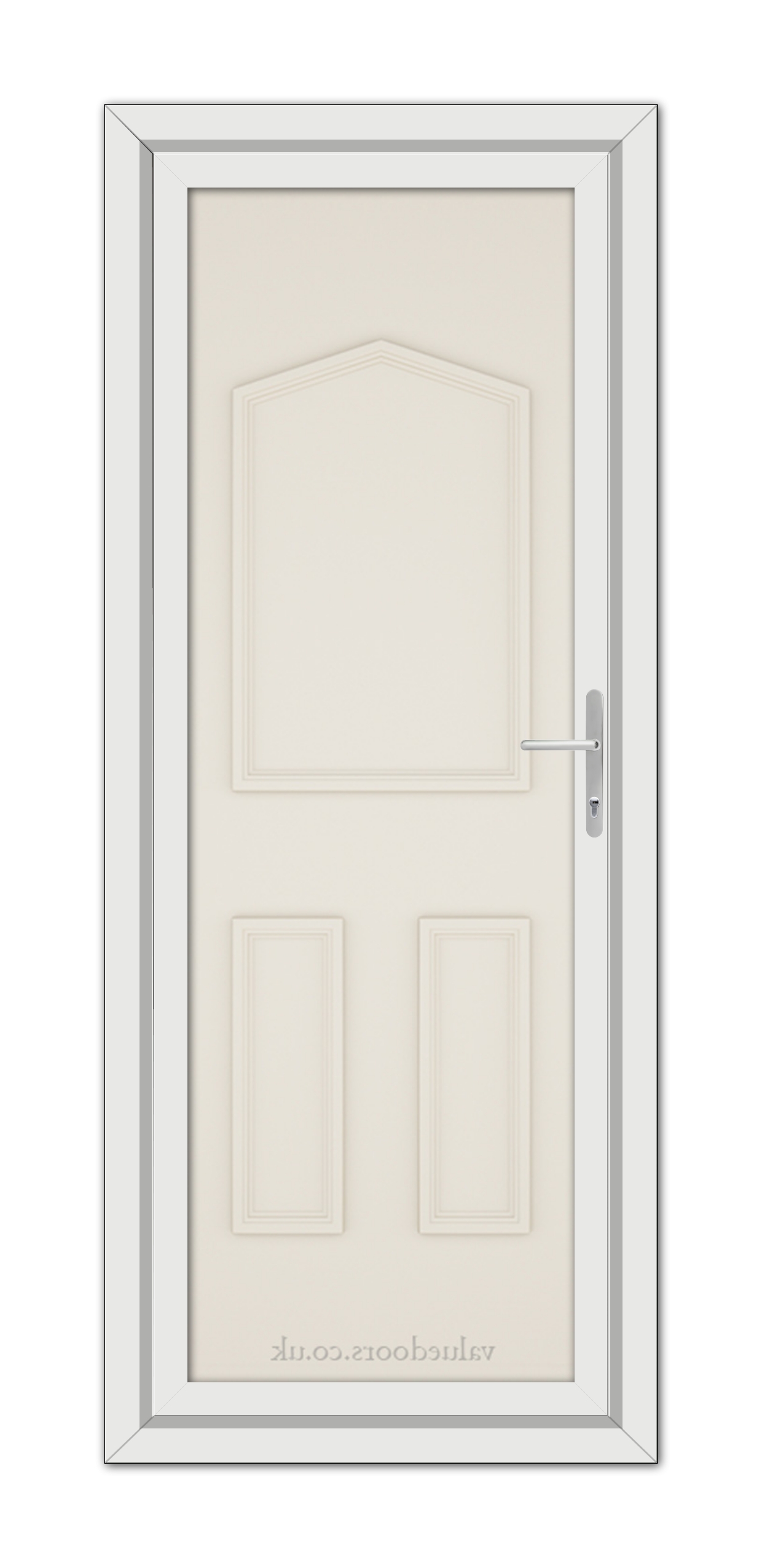 A vertical image of a closed, Cream Oxford Solid uPVC Door with a handle on the right side, set within a grey frame.