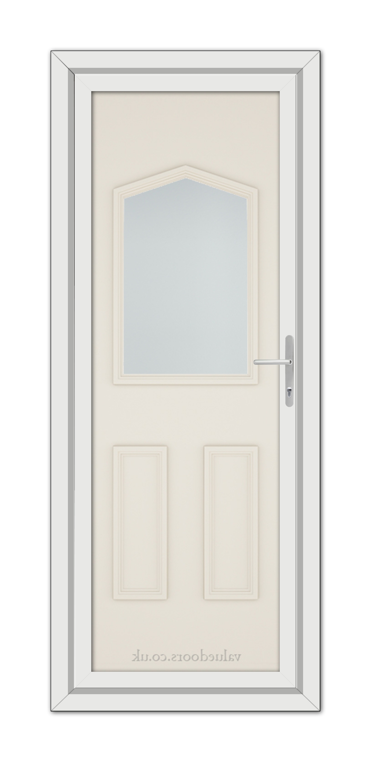A vertical image of a closed, Cream Oxford uPVC door featuring a rectangular glass window near the top and a modern handle on the right side. The door frame is white.