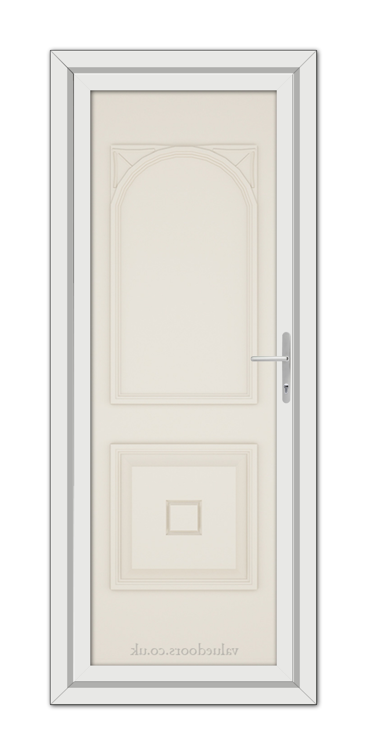 A vertical image of a closed, Cream Reims Solid uPVC Door with an arched top panel and a rectangular bottom panel, fitted with a modern handle, set within a white frame.