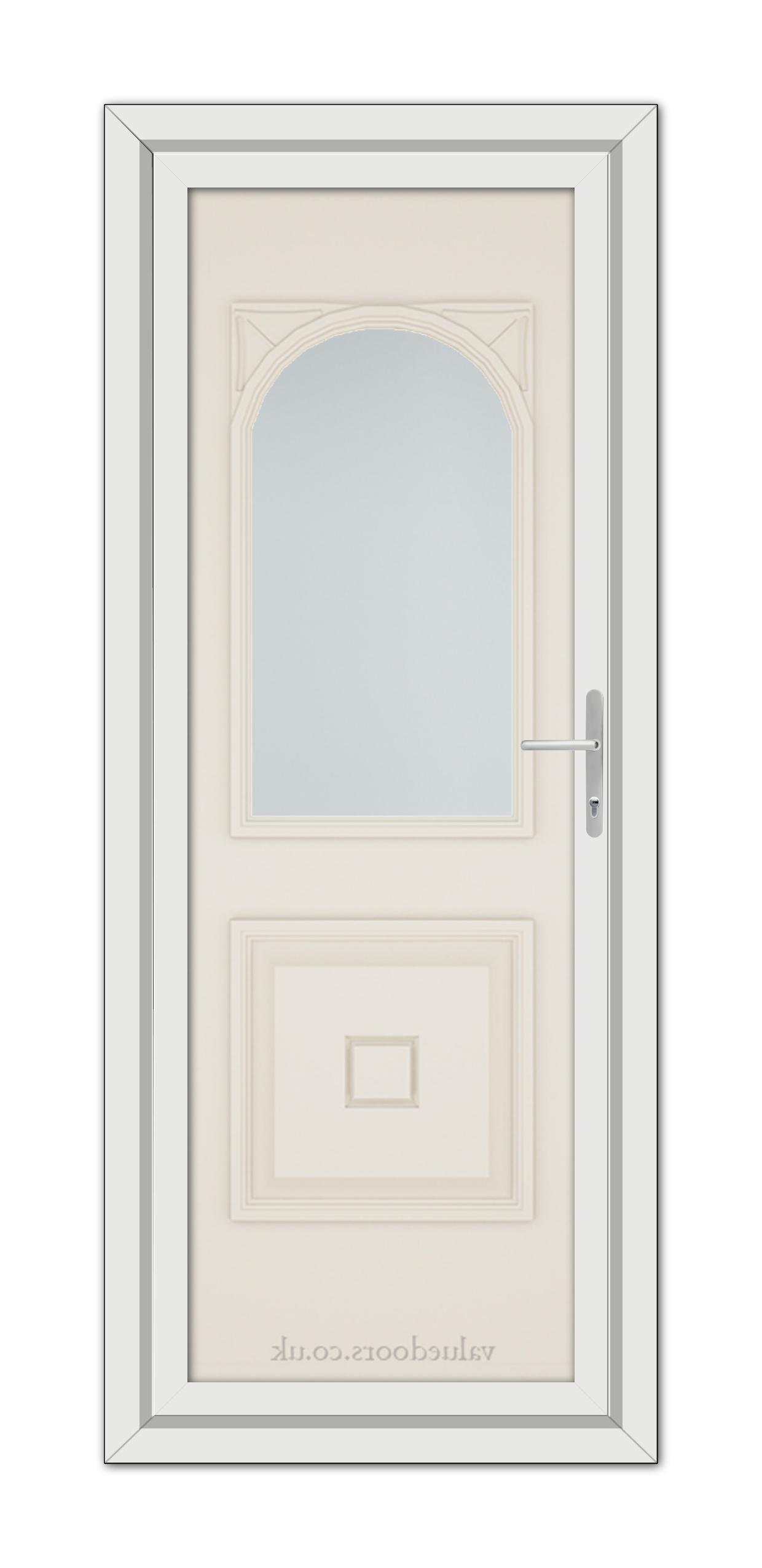 A modern Cream Reims uPVC door featuring a square panel, arched window, and a silver handle, set within a simple white frame.