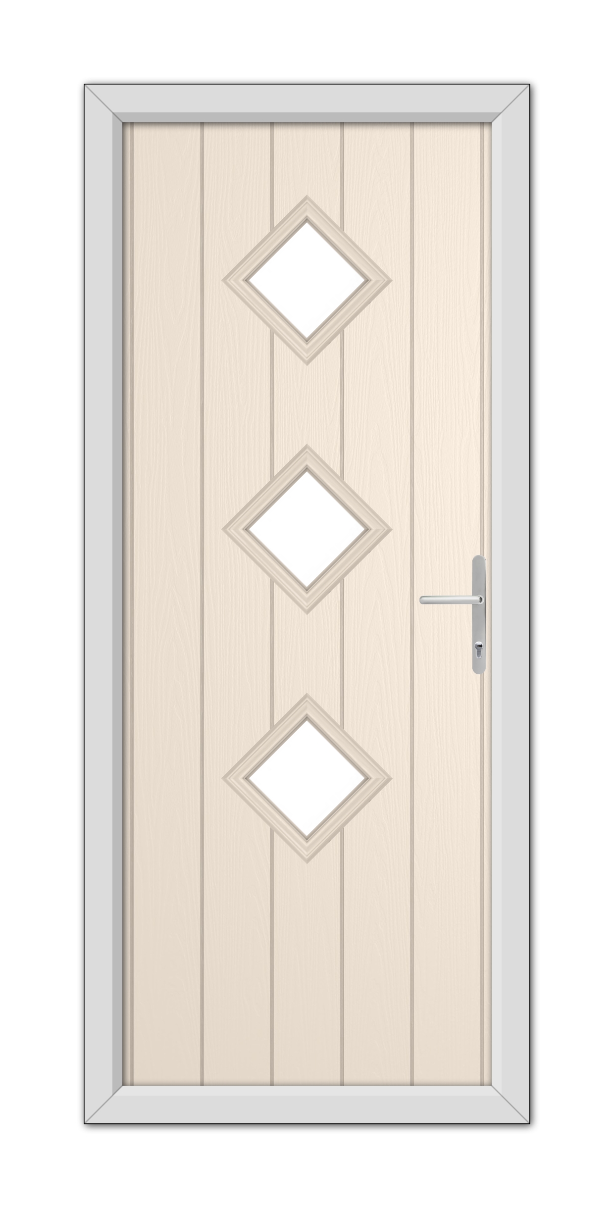 A Cream Richmond Composite Door 48mm Timber Core with three diamond-shaped windows and a modern silver handle, set within a gray frame.