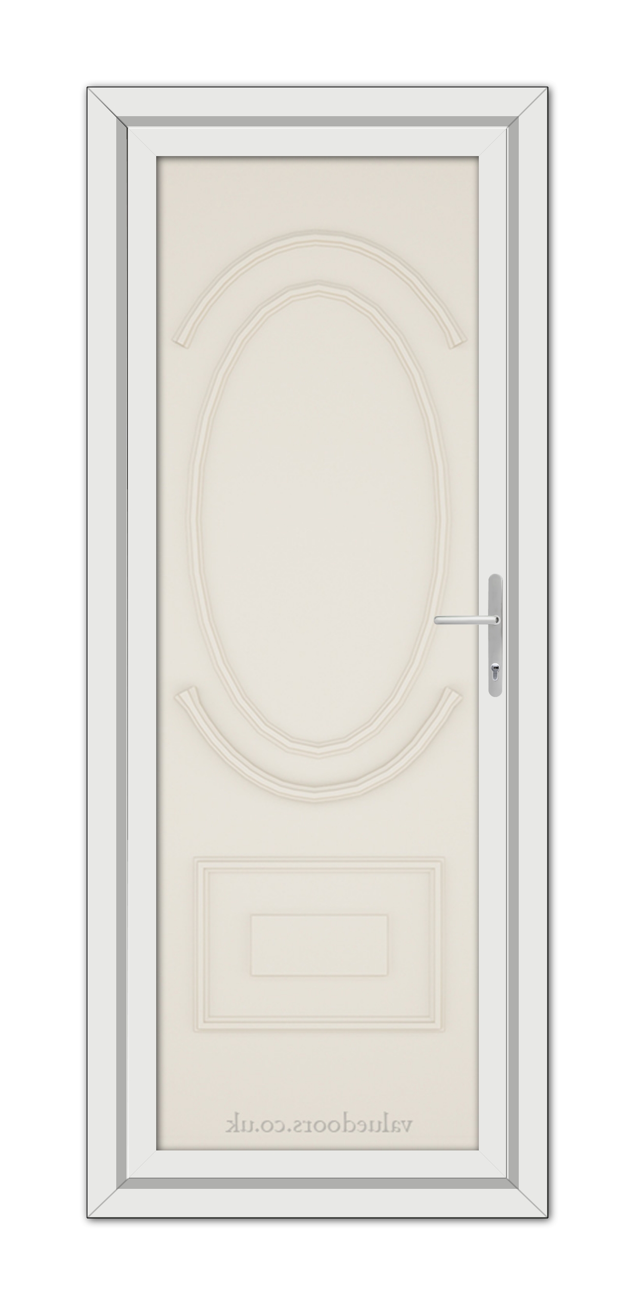 A vertical image of a closed, Cream Richmond Solid uPVC Door with an oval window and a handle on the right side, all set within a door frame.