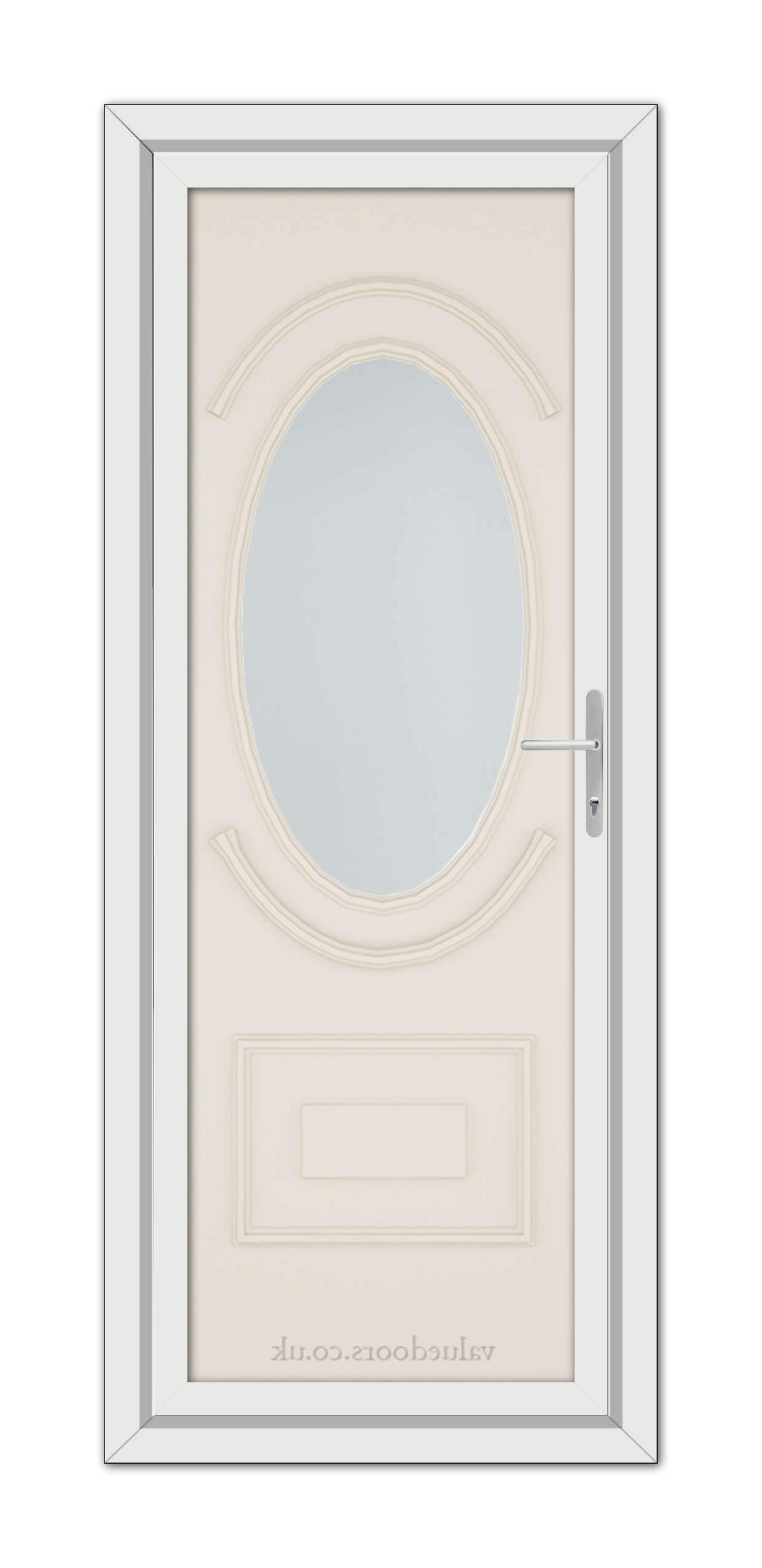 A vertical image of a closed Cream Richmond uPVC Door with a frosted oval glass panel at the center and a handle on the left side, set in a simple frame.