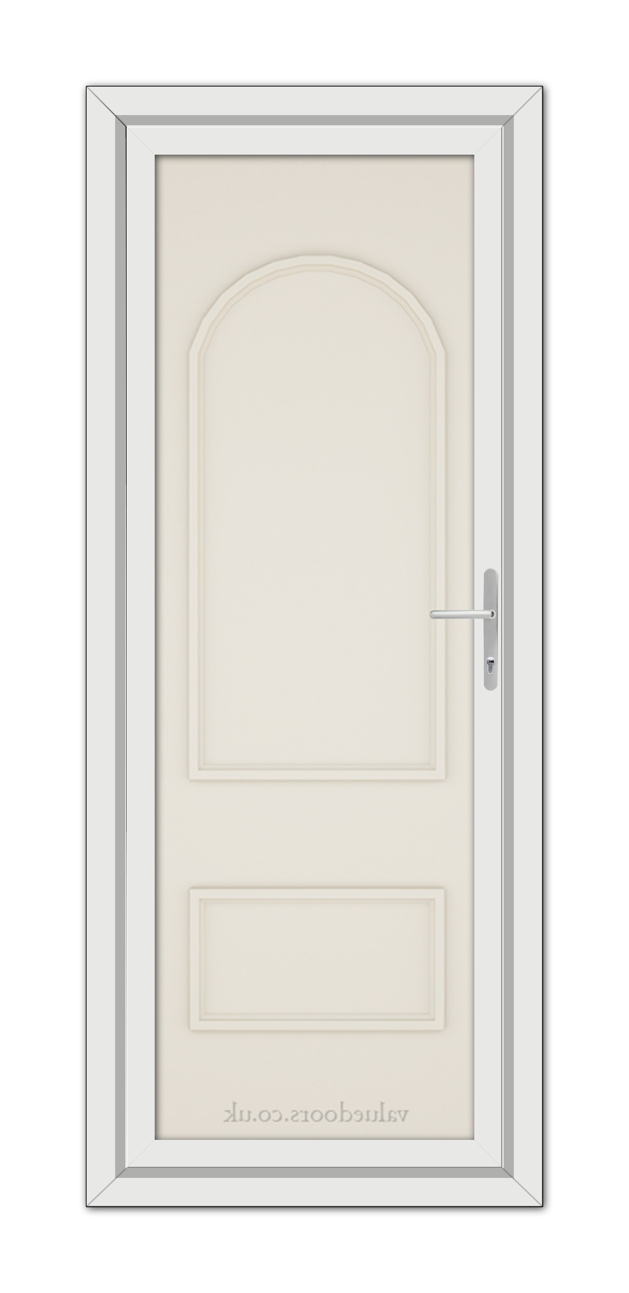 A vertical image of a closed, Cream Rockingham Solid uPVC Door with a silver handle, set within a grey door frame.