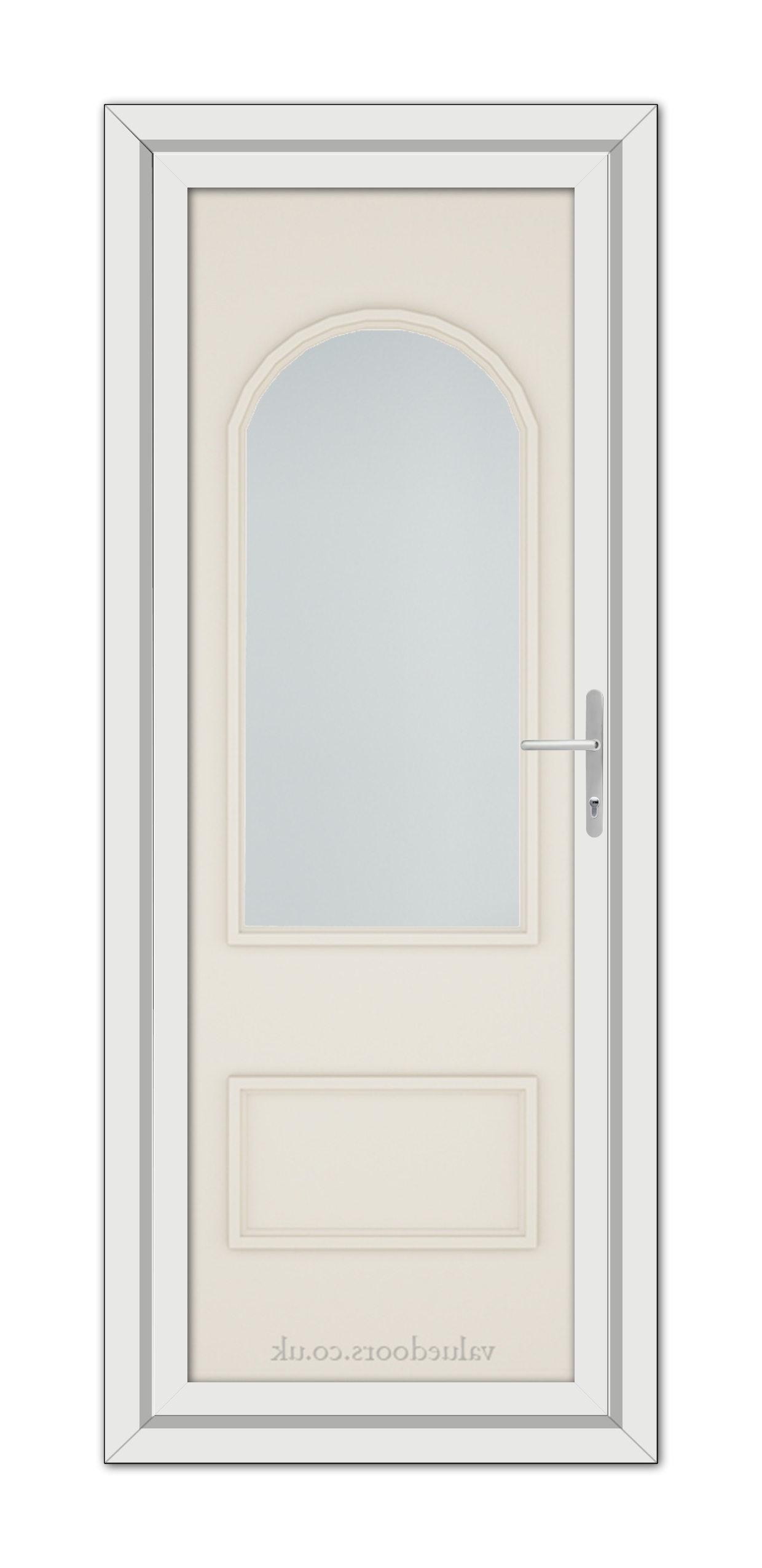 A modern Cream Rockingham uPVC door featuring a vertical oval glass panel at the top and a solid lower panel, with a metallic handle on the right side.