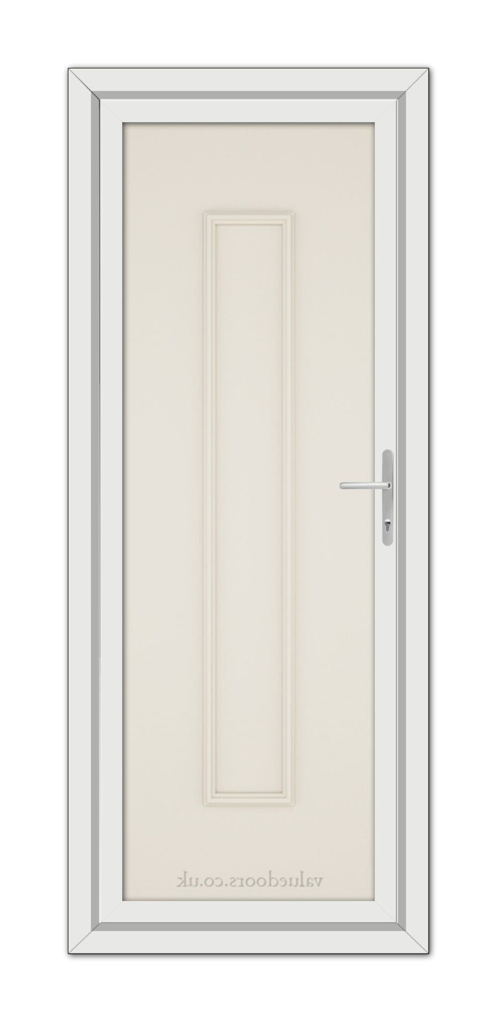 A vertical image of a closed, modern Cream Rome Solid uPVC Door with a silver handle, set within a white frame.