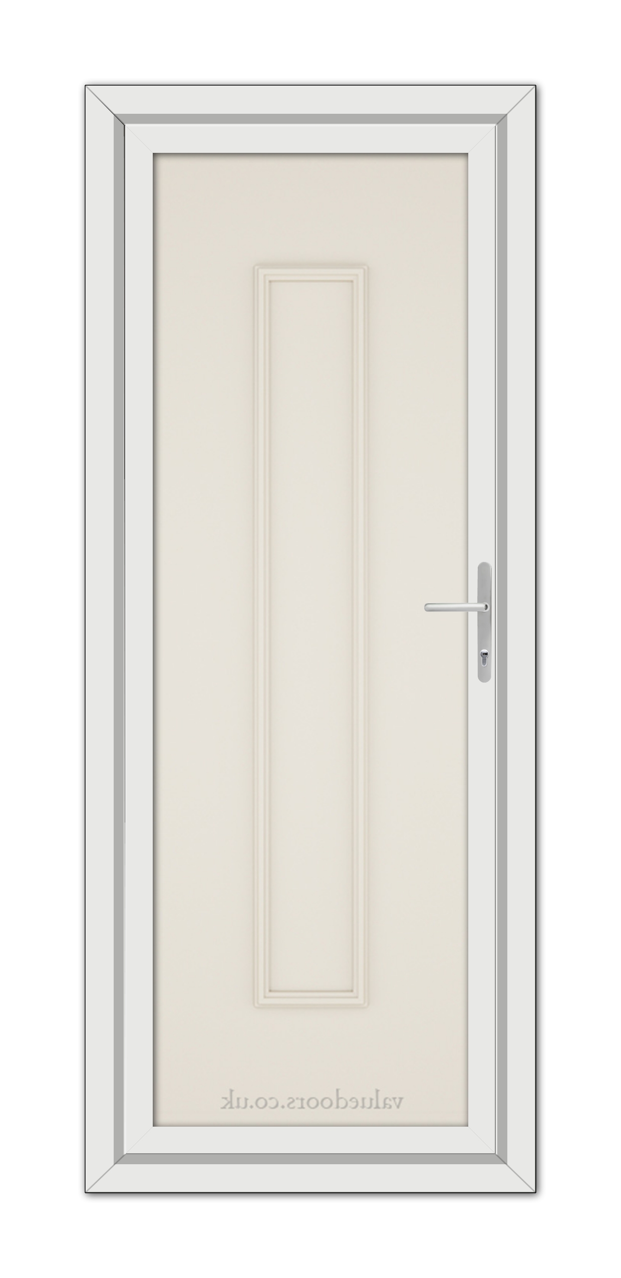 A vertical image of a closed, modern Cream Rome Solid uPVC Door with a silver handle, set within a white frame.