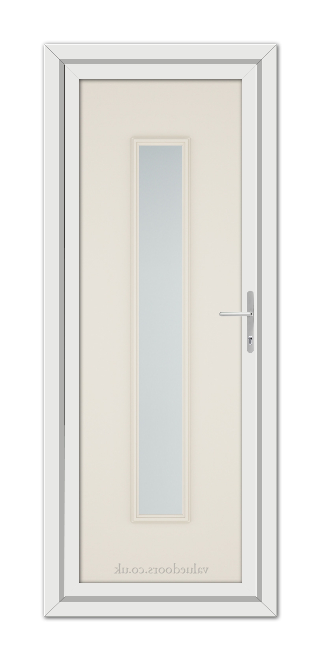 A Cream Rome uPVC Door with a vertical glass panel and a silver handle, framed in white.