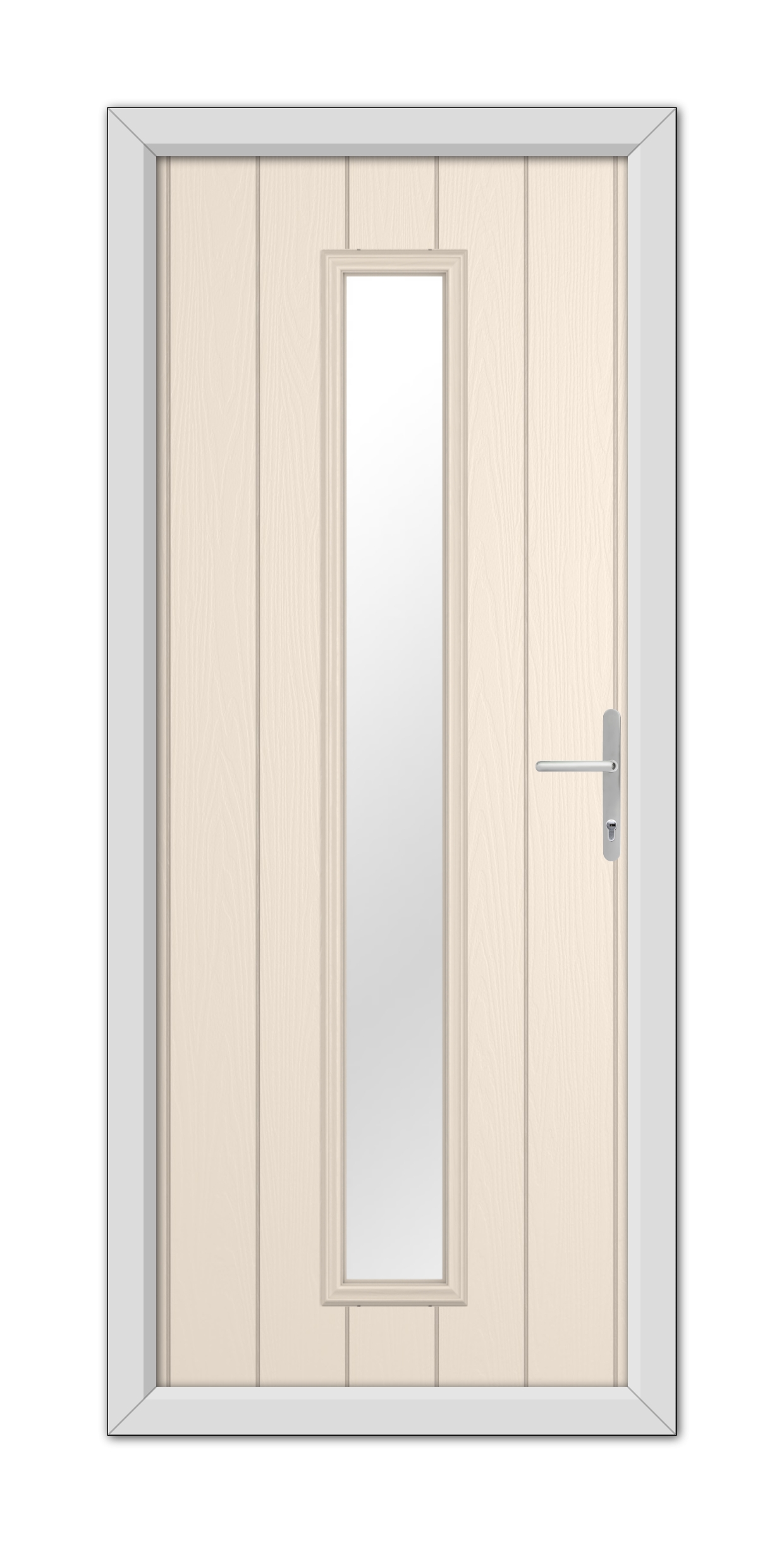 A modern Cream Rutland Composite Door 48mm Timber Core with a vertical glass panel and a metallic handle, set within a gray frame.