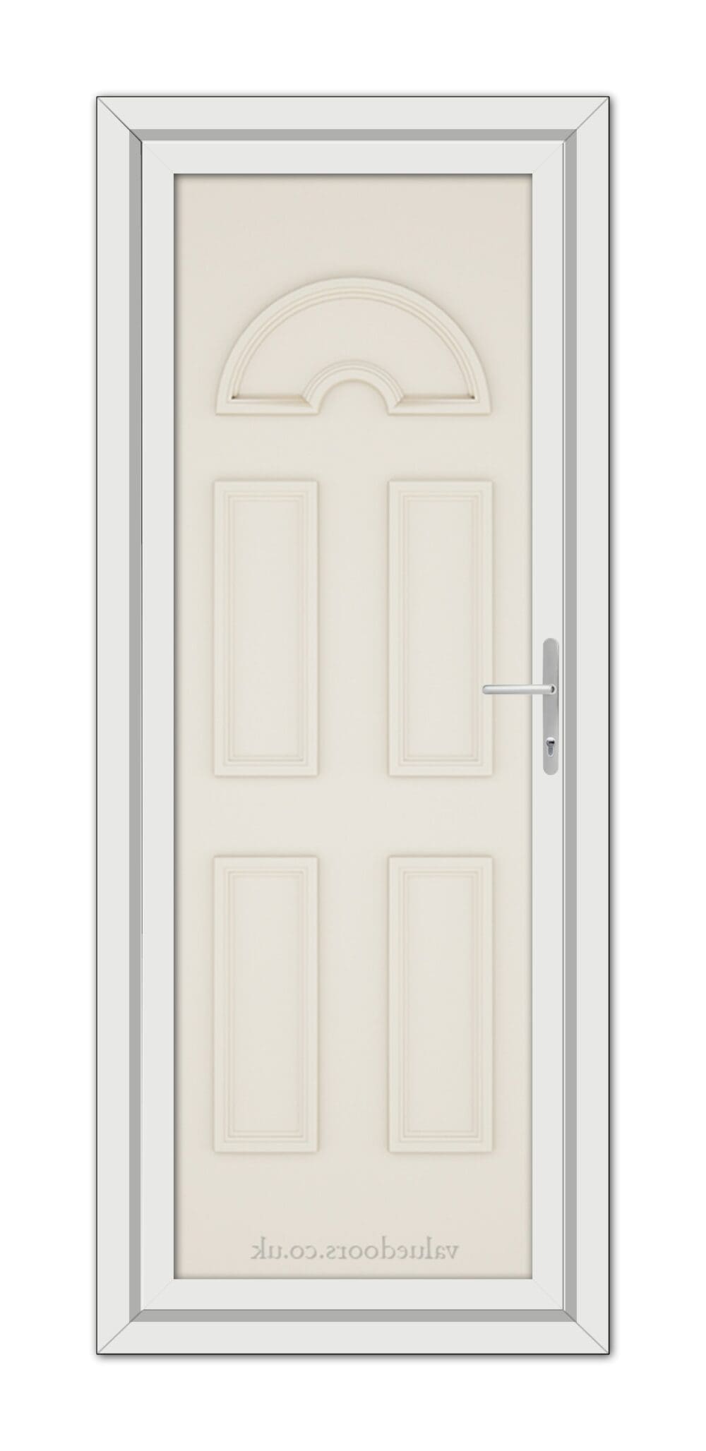 Cream Sandringham Solid uPVC Door with an arched top window and a metal handle, set in a grey frame.