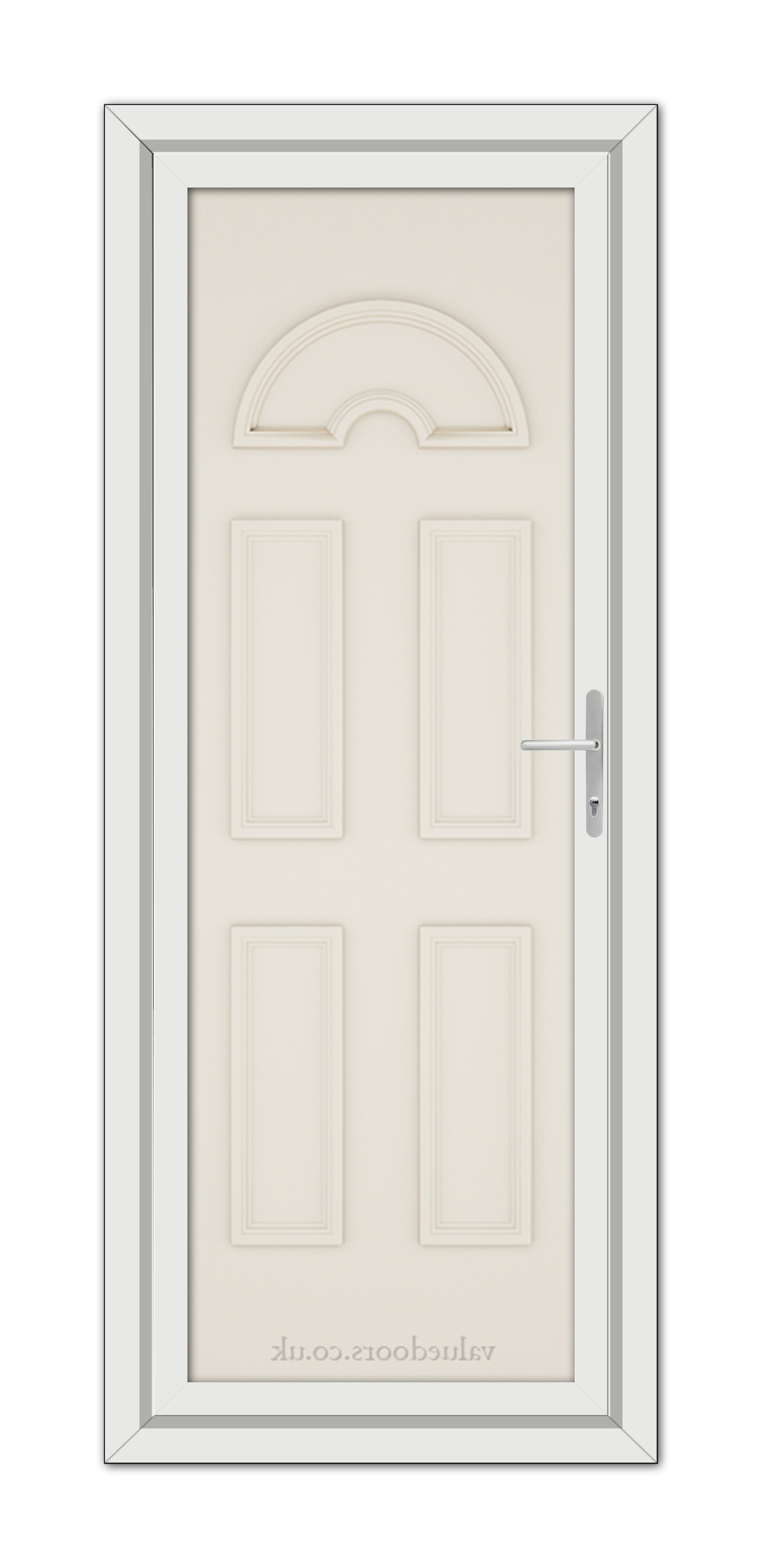 Cream Sandringham Solid uPVC Door with an arched top window and a metal handle, set in a grey frame.