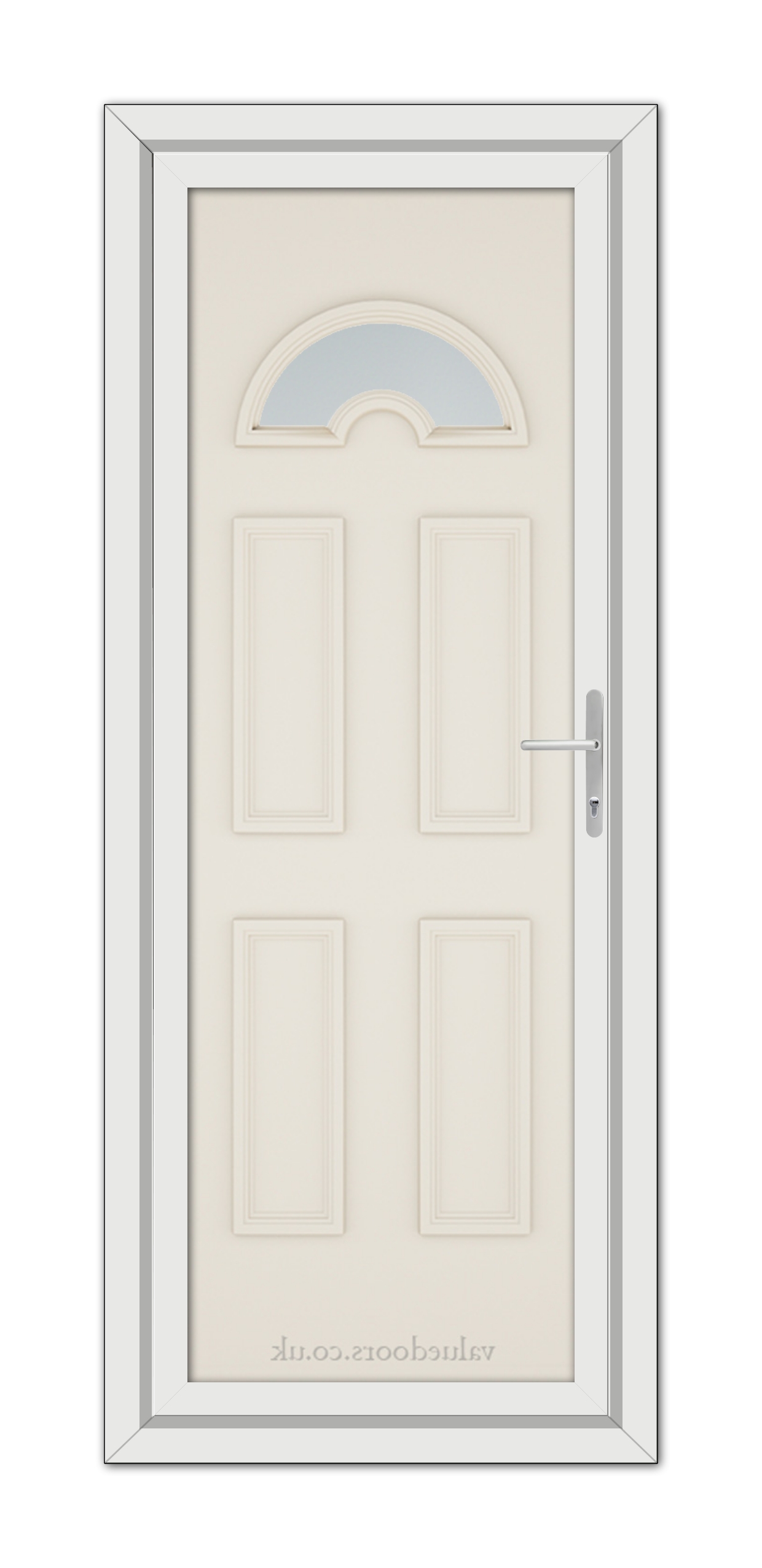 Cream Sandringham uPVC Door: A vertical image of a closed Cream Sandringham uPVC door with six panels and a crescent moon-shaped glass window at the top, set within a grey frame.