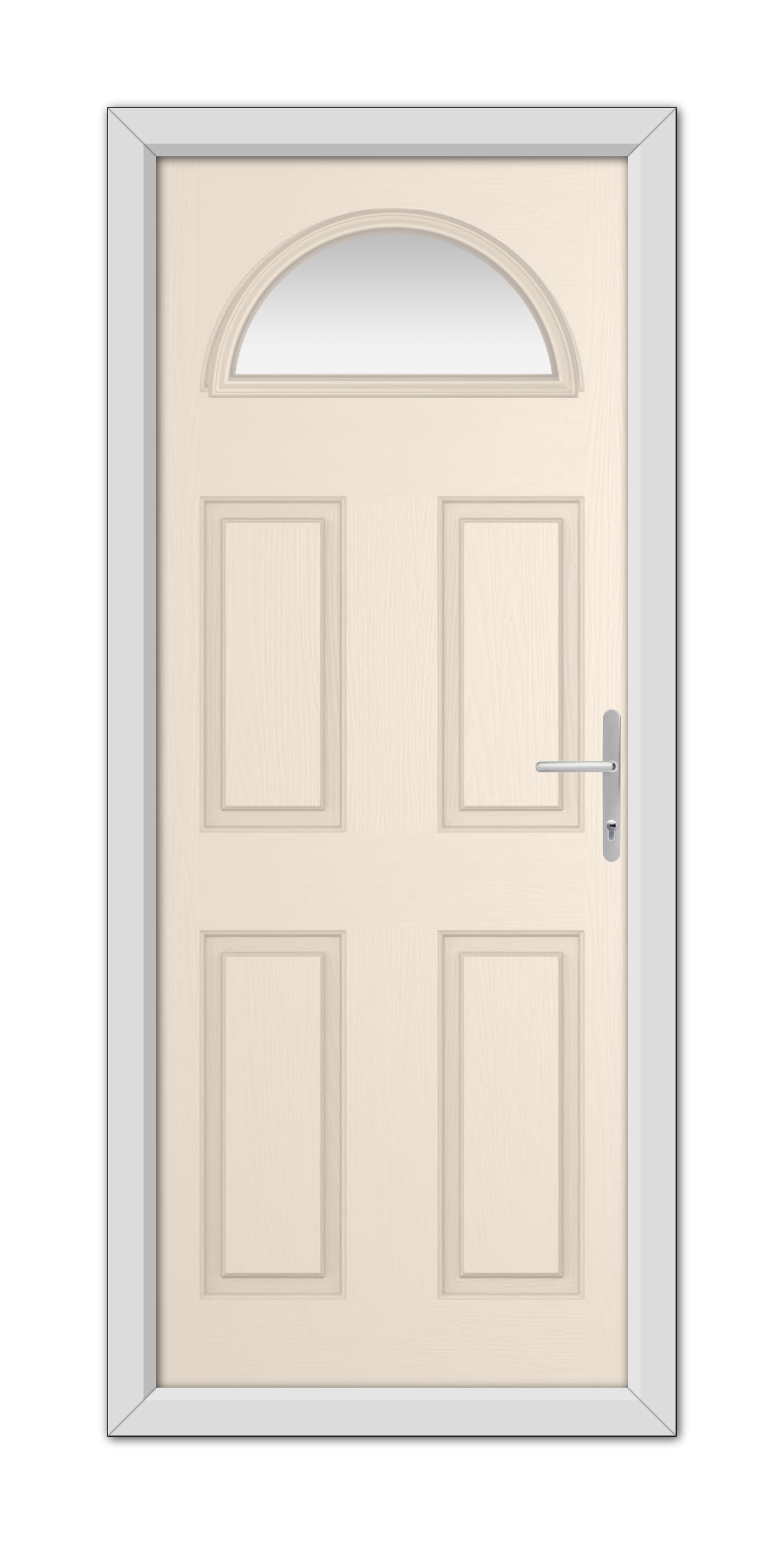 A modern Cream Seville Solid uPVC Door with six panels and an arched window at the top, set in a simple gray frame with a metallic handle on the right.
