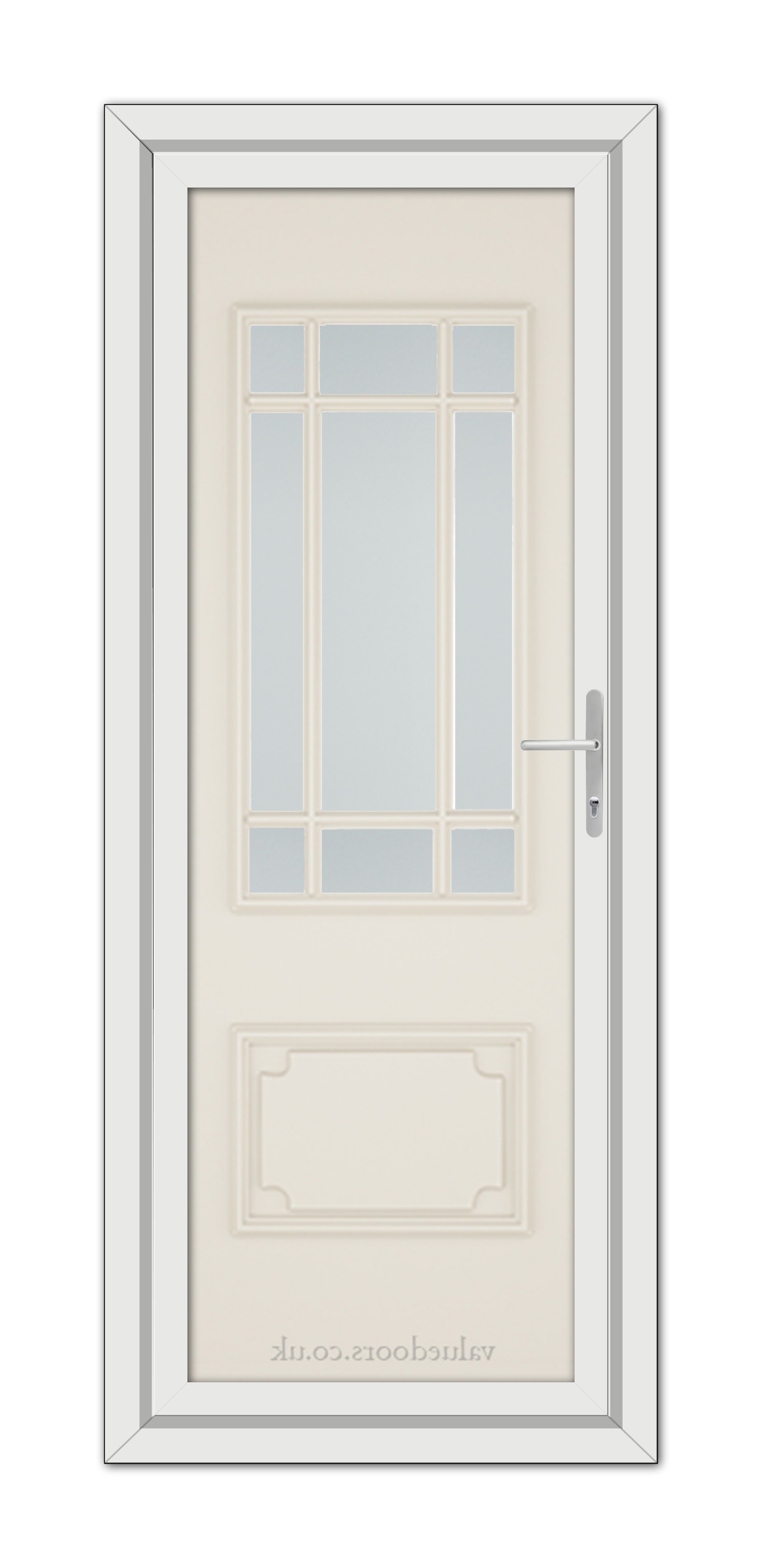 A vertical image of a closed Cream Seville uPVC Door with a small window featuring white muntins and a metal handle, set within a door frame.