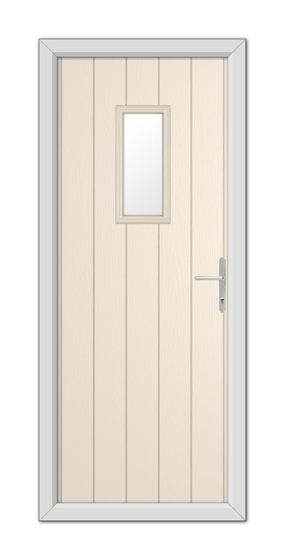 Illustration of a Cream Somerset Composite Door 48mm Timber Core with a small square window, framed by a gray casing, viewed from the front.