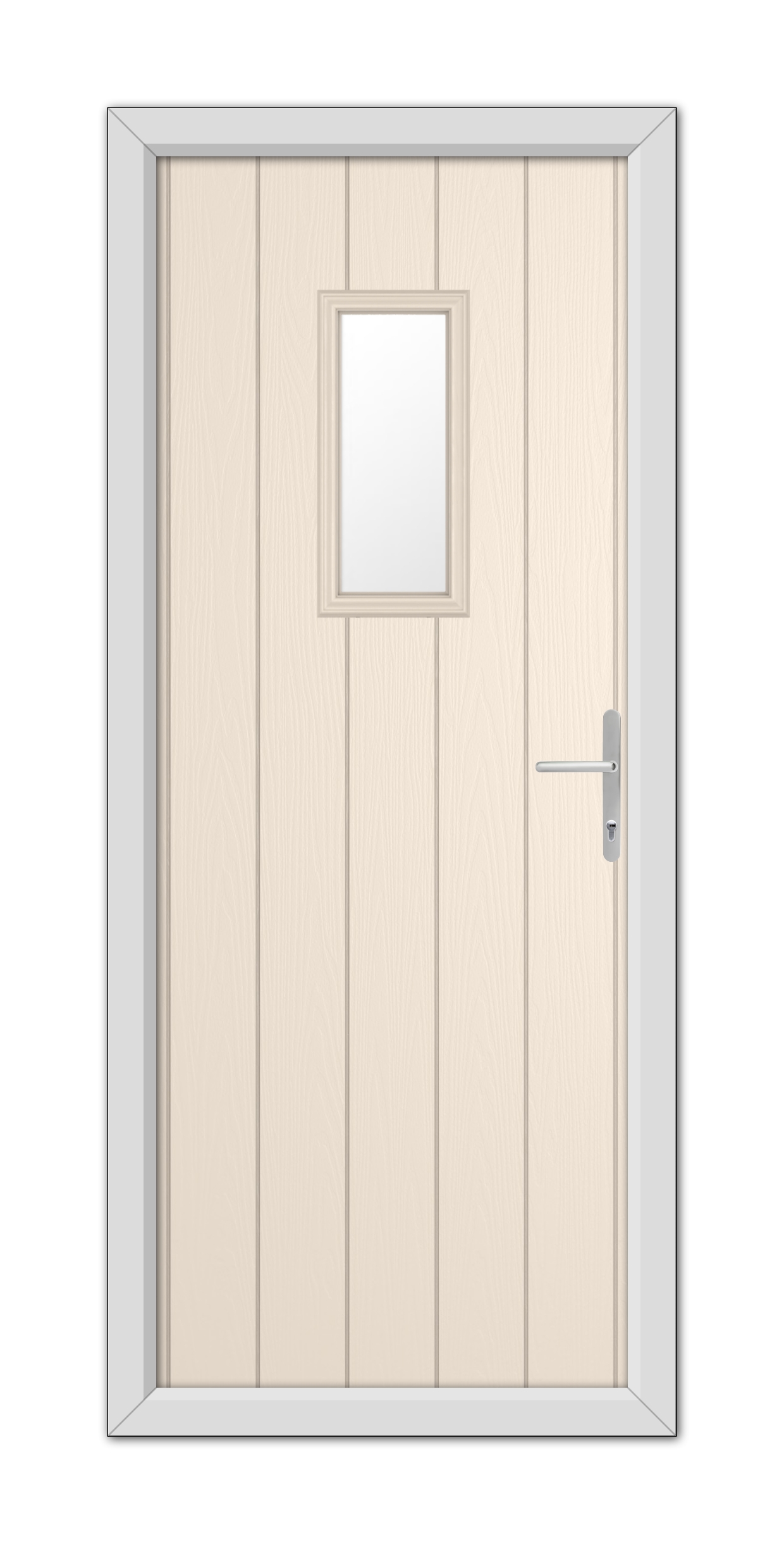 Illustration of a Cream Somerset Composite Door 48mm Timber Core with a small square window, framed by a gray casing, viewed from the front.