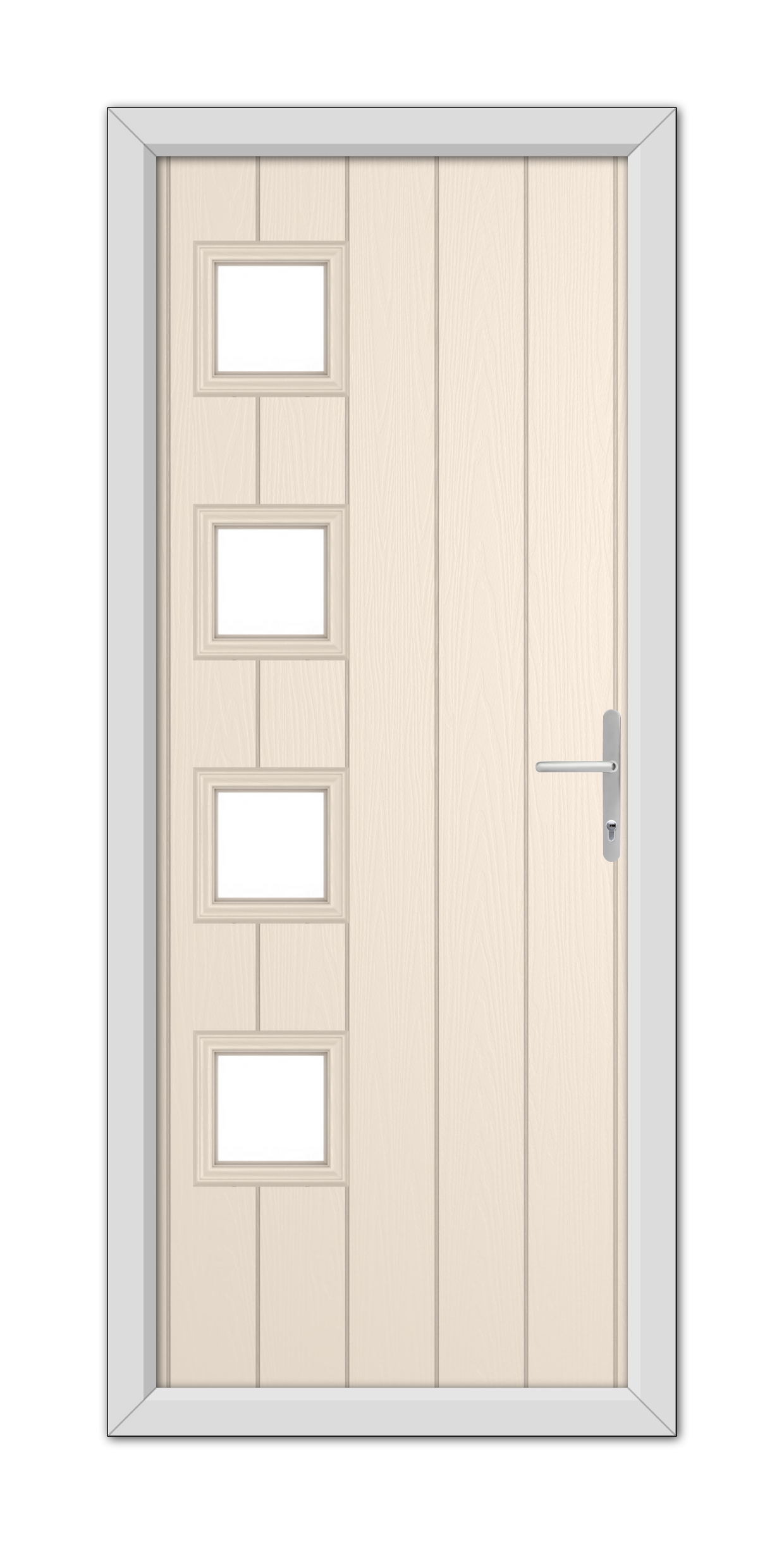 A modern Cream Sussex composite door with four rectangular glass panels and a metal handle, set within a gray frame.