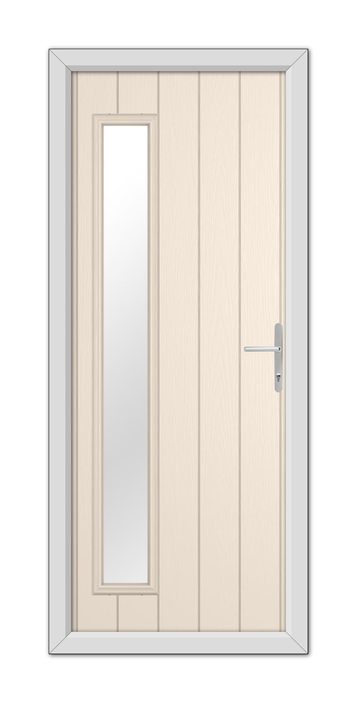 A Cream Sutherland Composite Door 48mm Timber Core with a vertical glass panel on the left side, equipped with a metallic handle, framed in a gray doorway.