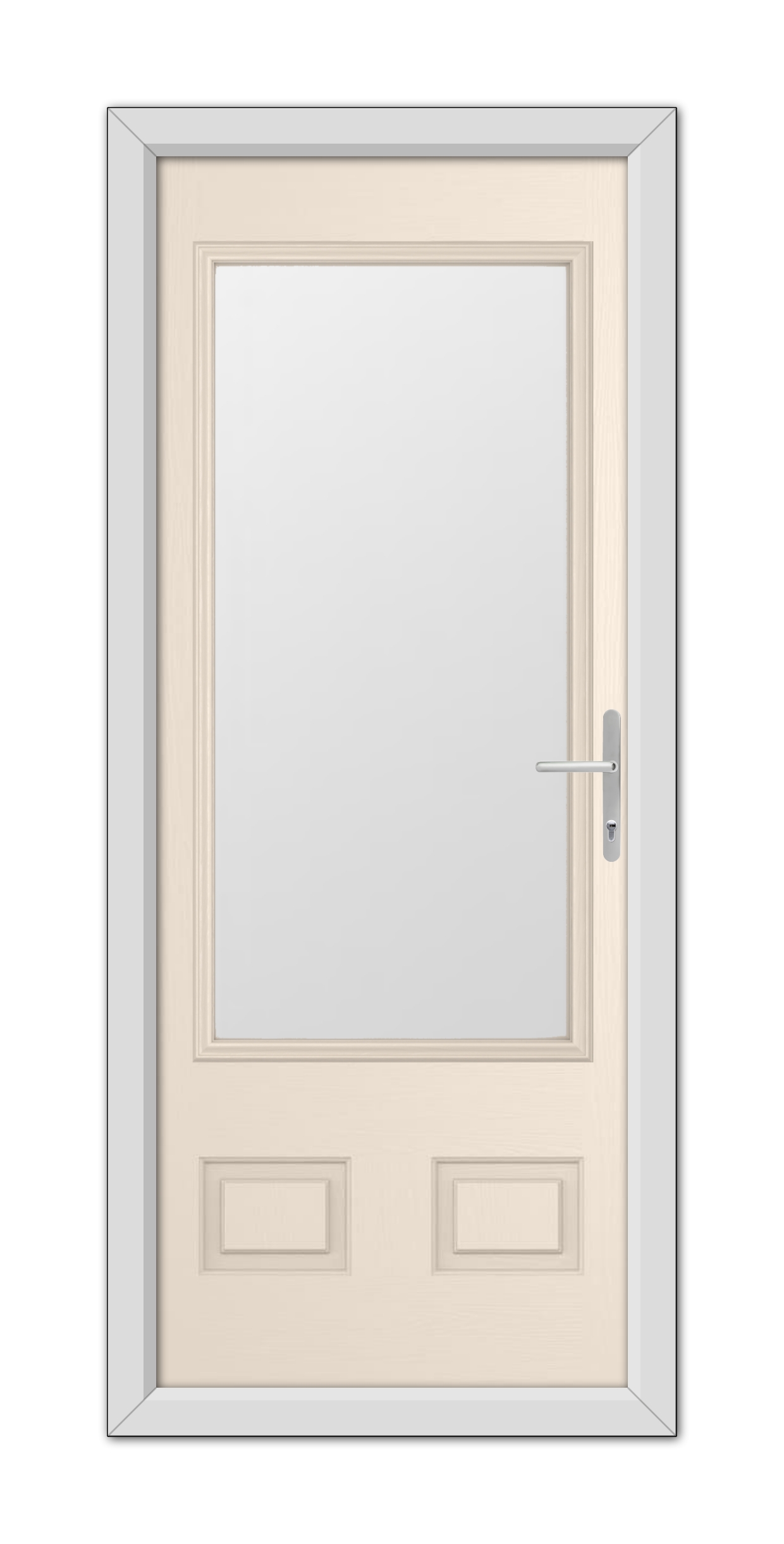 A Cream Walcot Composite Door 48mm Timber Core with a centered rectangular frosted glass panel and a metallic handle, framed within a simple trim.