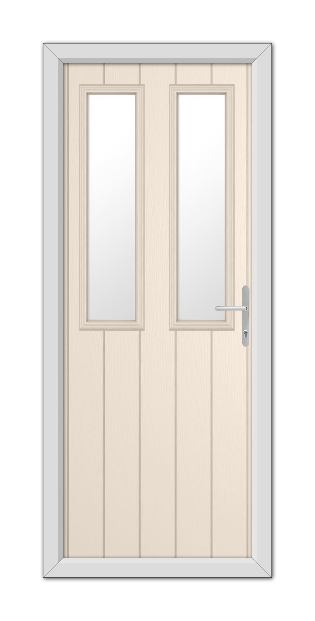 Cream Wellington Composite Door 48mm Timber Core with glass panels and a metal handle, set within a gray frame, isolated on a white background.