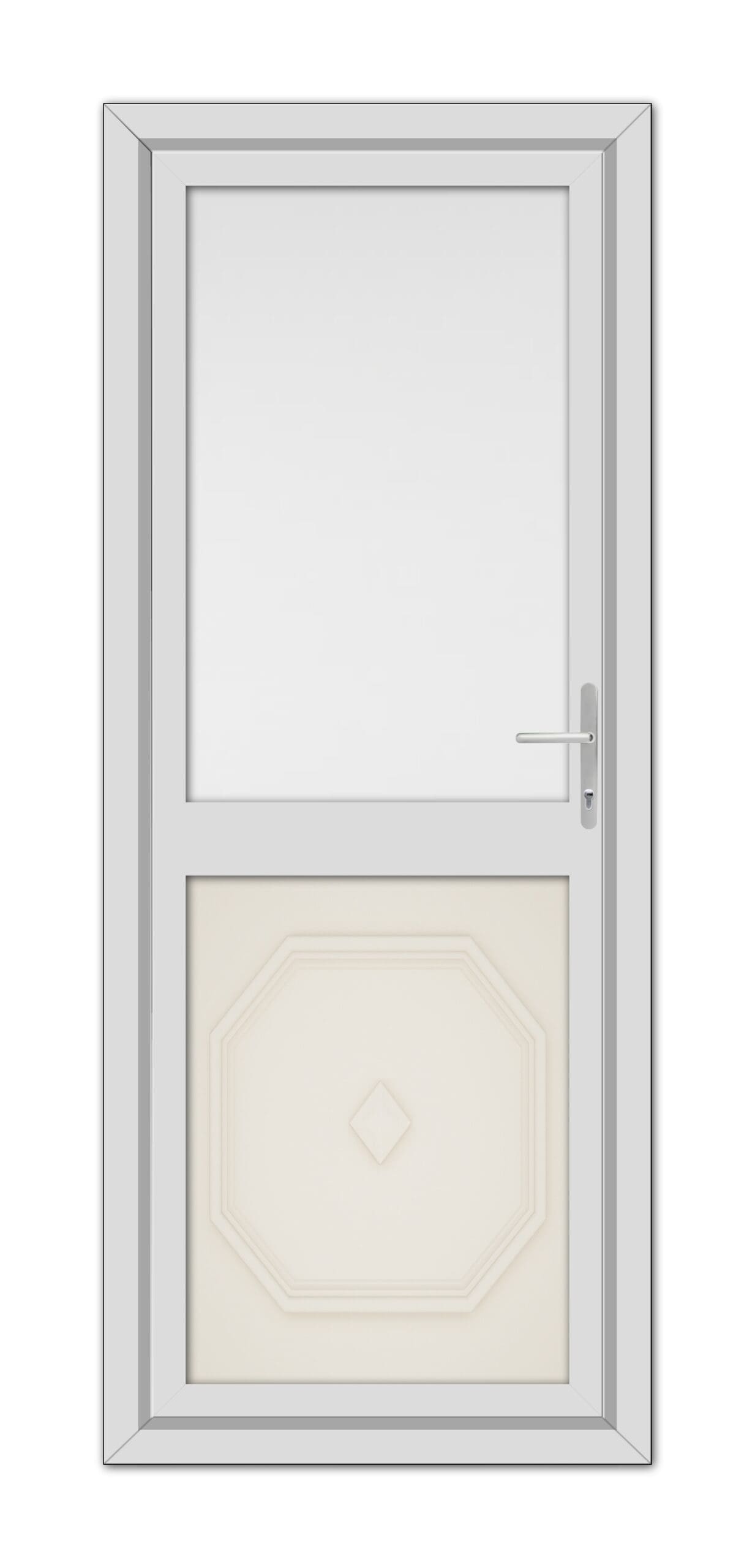 A Cream Westminster Half uPVC Back Door featuring a geometric pattern at the bottom, a large rectangular glass window at the top, and a stainless steel handle on the right.