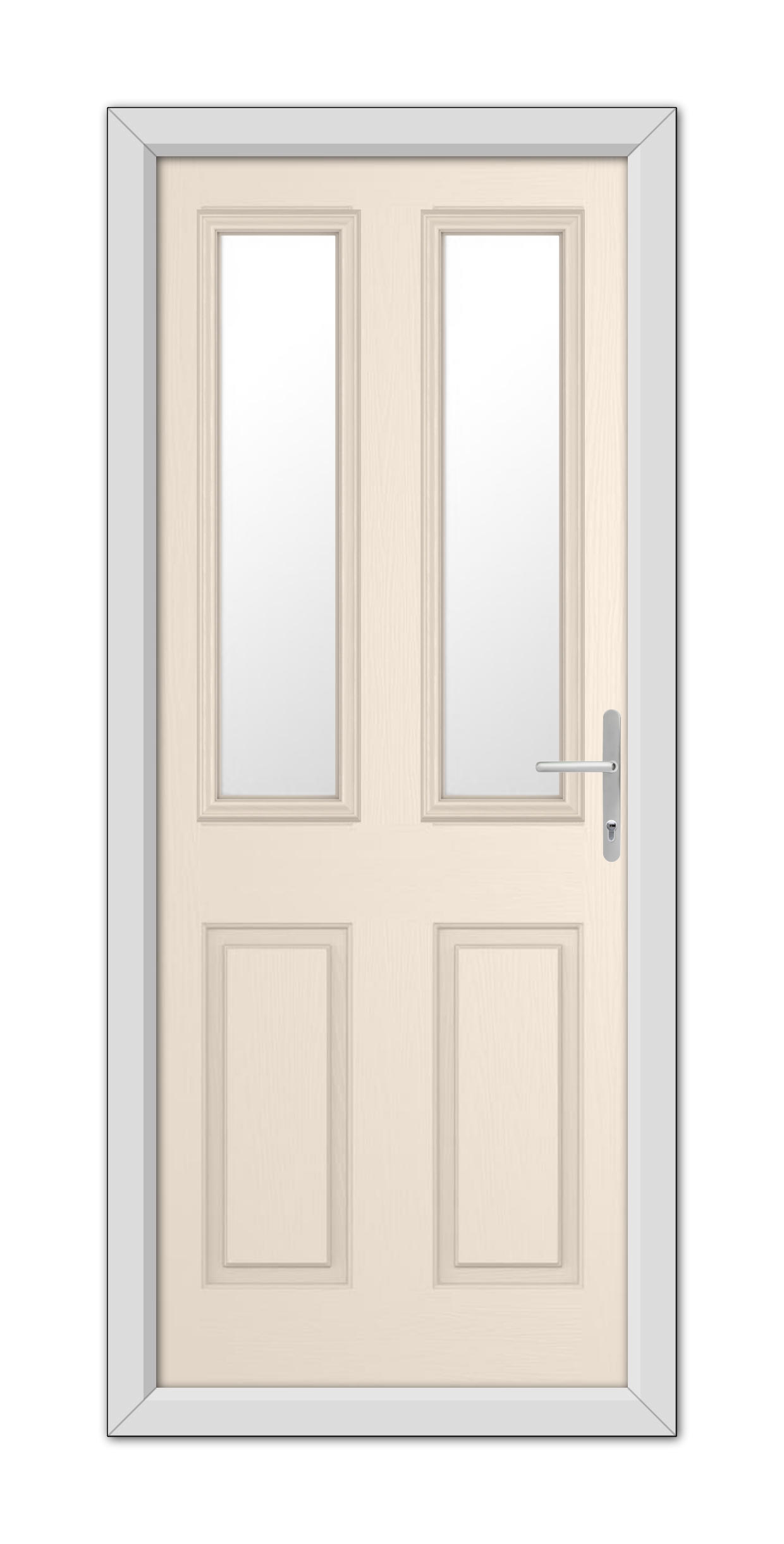 A modern Cream Whitmore Composite Door 48mm Timber Core with a light wood finish and rectangular glass panels near the top, framed in metal, with a handle on the right.