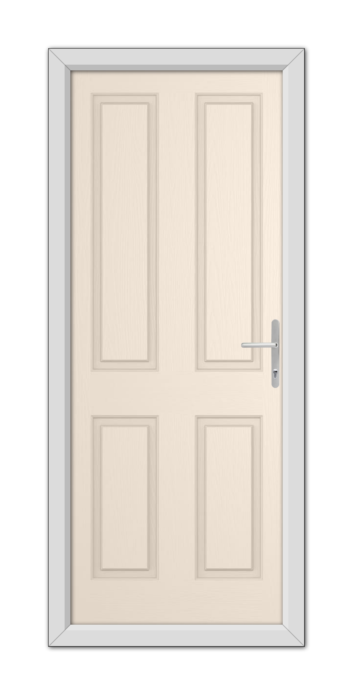 A closed Cream Whitmore Solid Composite Door 48mm Timber Core with a metal handle, set in a plain gray frame, isolated on a white background.