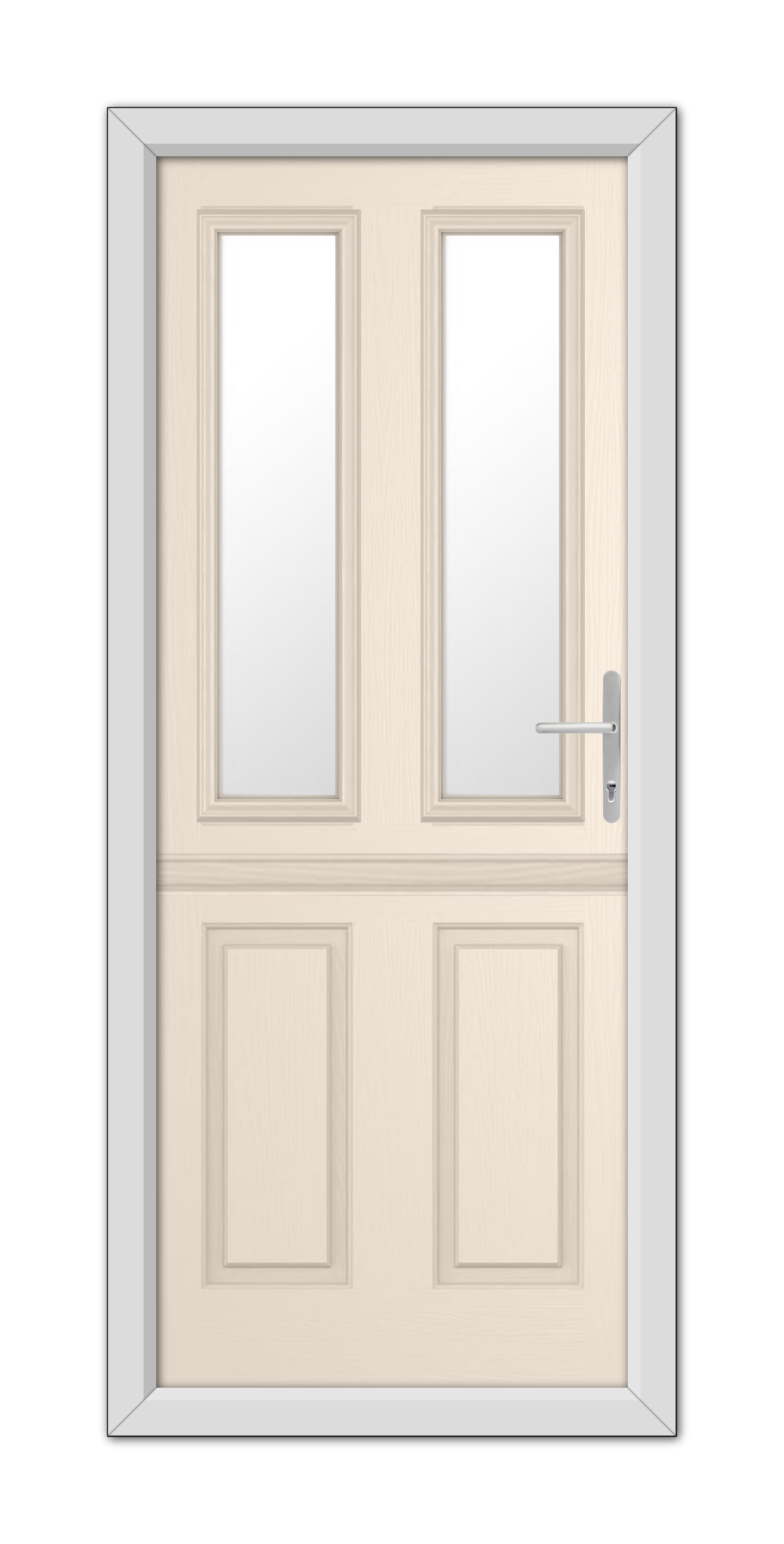 A modern Cream Whitmore Stable Composite Door 48mm Timber Core with glass panels on the upper half and a silver handle on the right side, set in a gray frame.