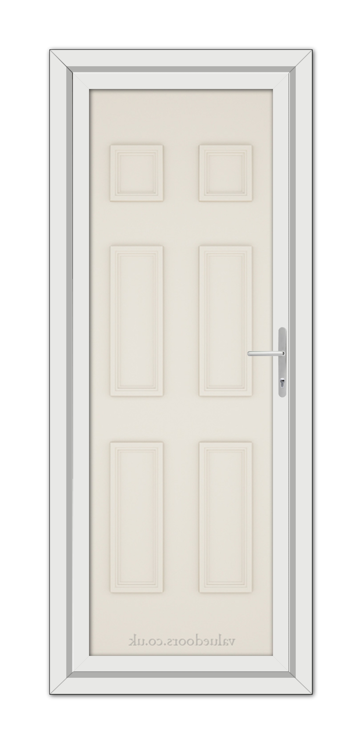 A vertical image of a closed Cream Windsor Solid uPVC Door with six panels and a silver handle, set within a light grey frame.