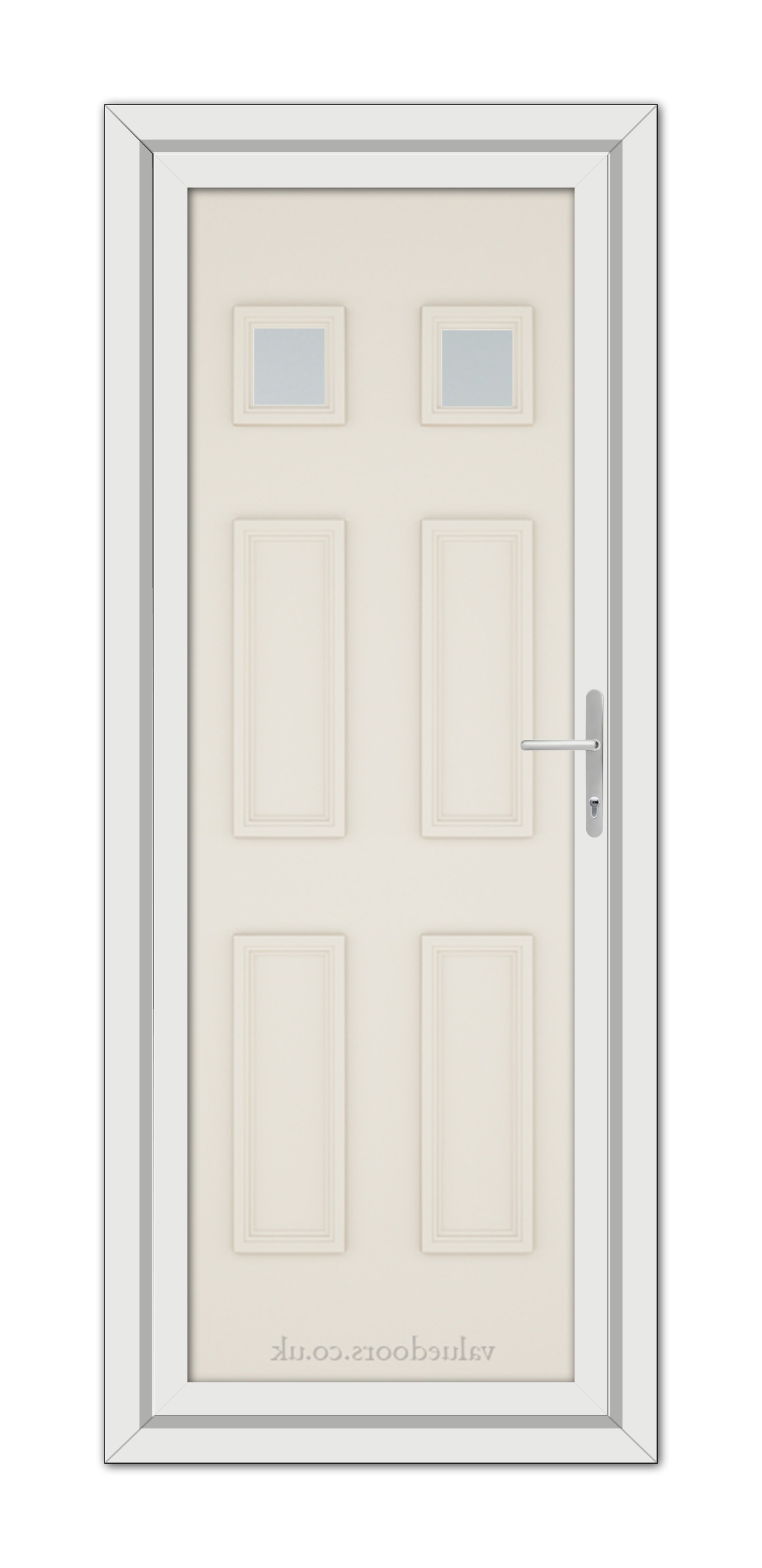 A Cream Windsor uPVC Door with a vertical handle and three small, square windows at the top, set within a gray frame.
