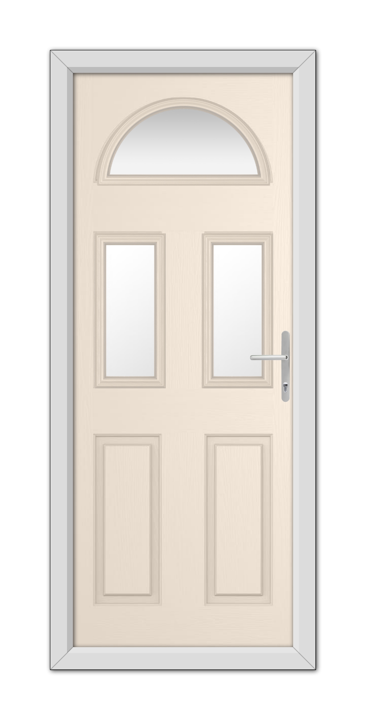 A modern Cream Winslow 3 Composite Door 48mm Timber Core with a semi-circular glass pane at the top, four wooden panels, and a silver handle, framed by a white door frame.