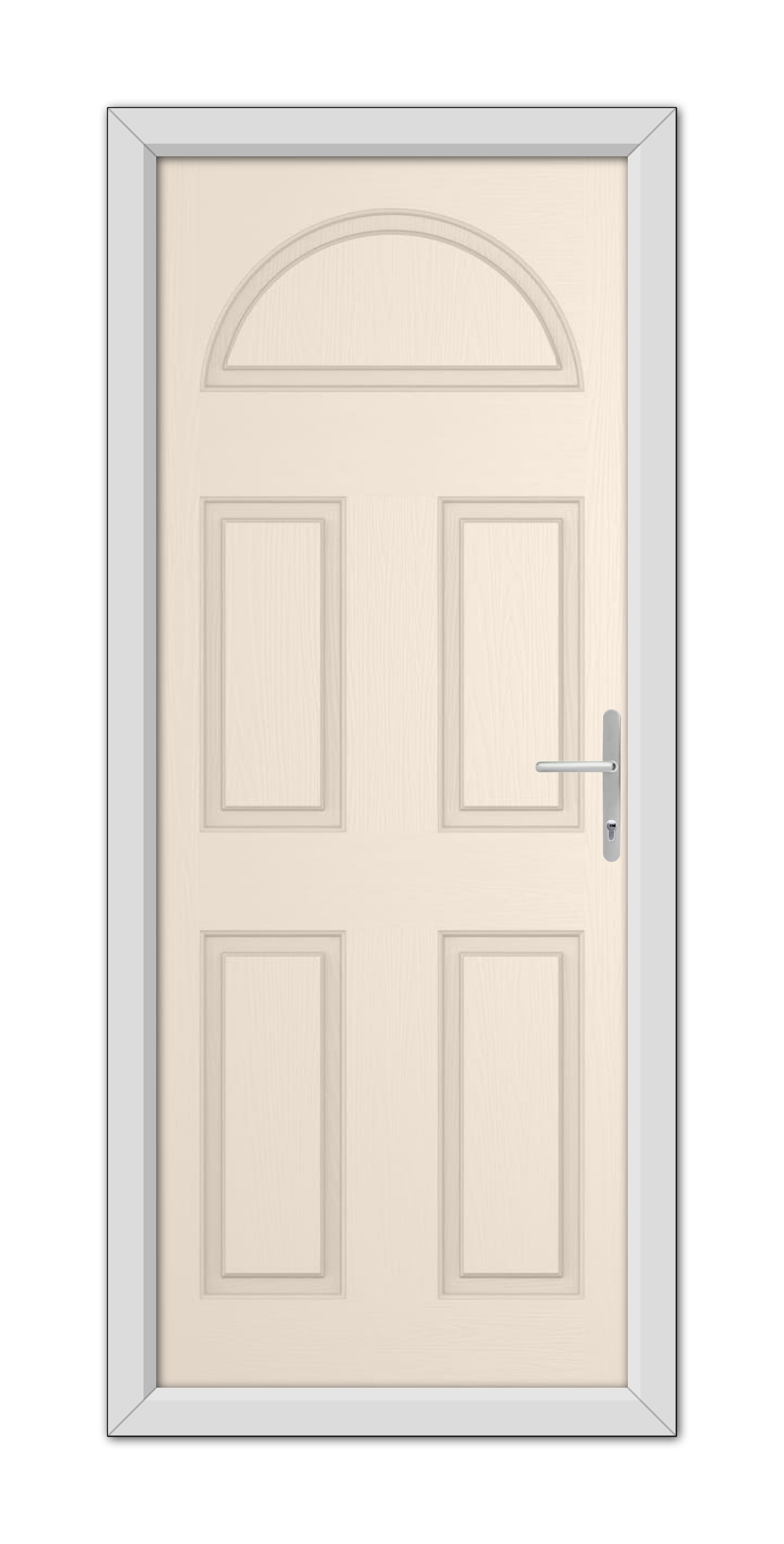 A closed Cream Winslow Solid Composite Door with six panels and an arched window at the top, fitted with a metallic handle, framed by a simple trim.