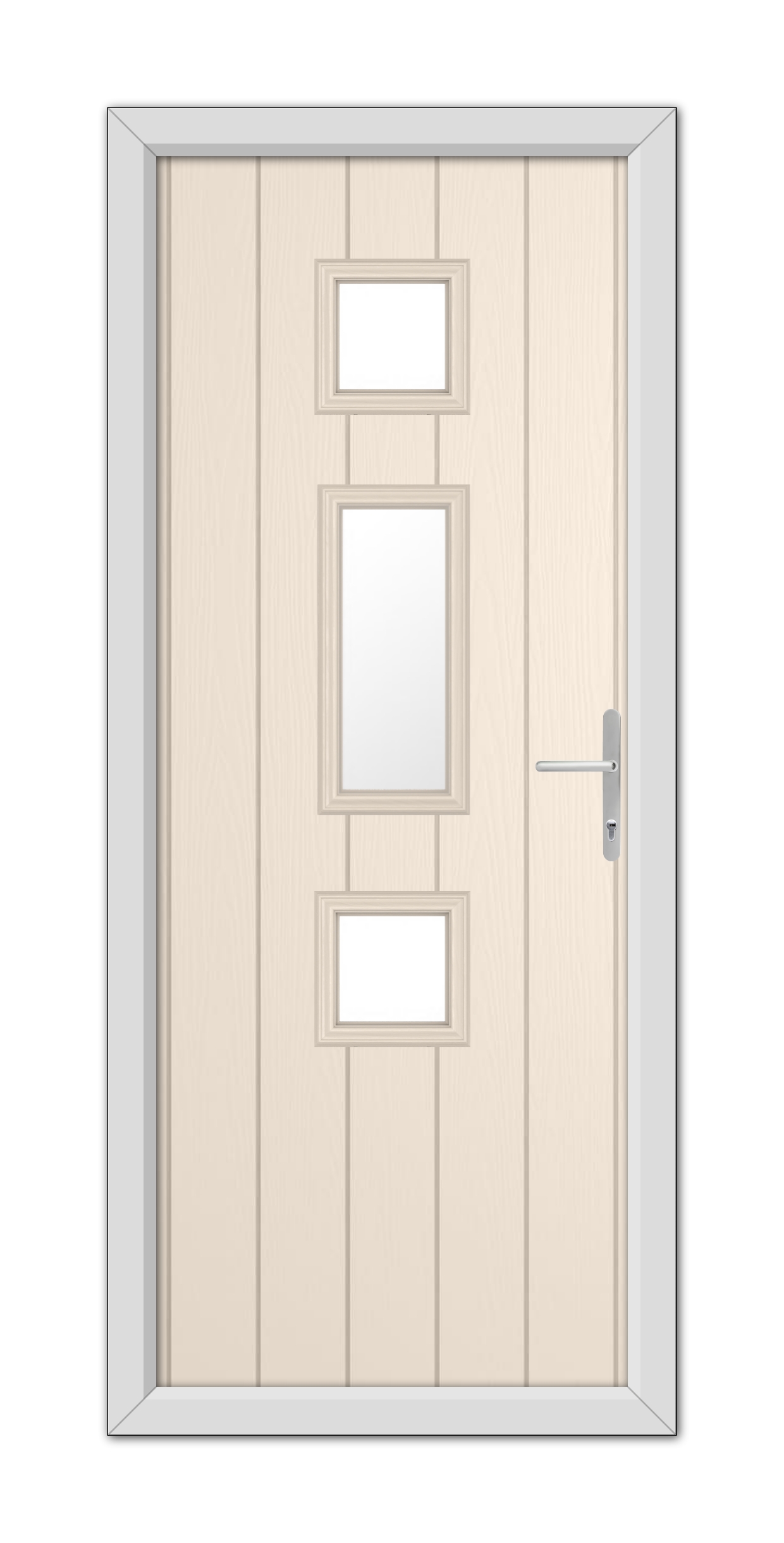 A Cream York Composite Door 48mm Timber Core featuring three vertical glass panels and a metallic handle, set within a gray frame.