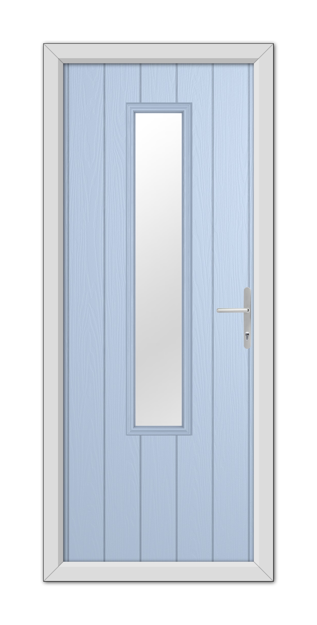 A Duck Egg Blue Abercorn Composite Door with a vertical rectangular window and a metallic door handle, set within a white door frame.