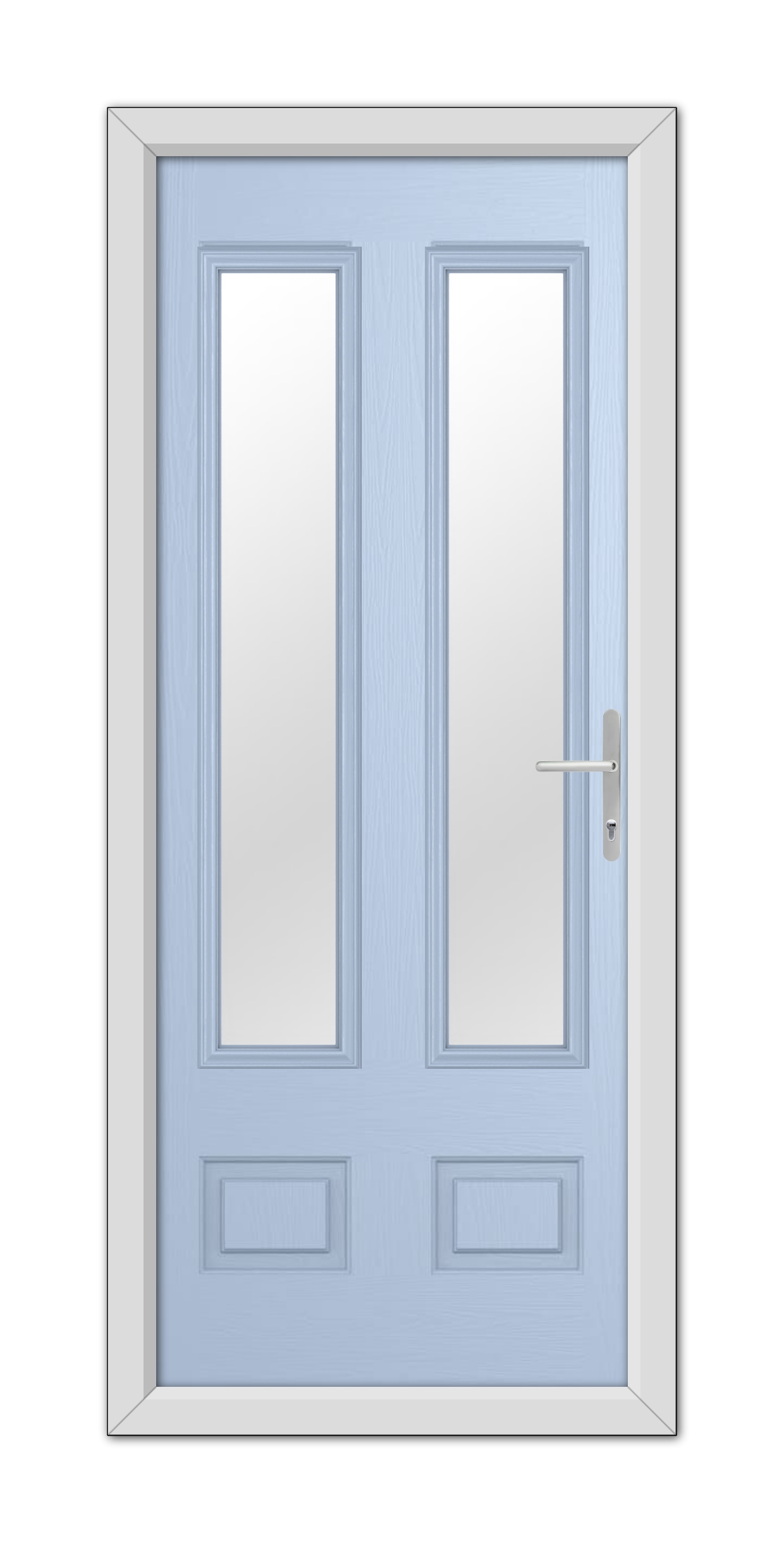 Double doors painted Duck Egg Blue Aston with rectangle glass panels at their center, a metallic handle on one door, and a white frame.
