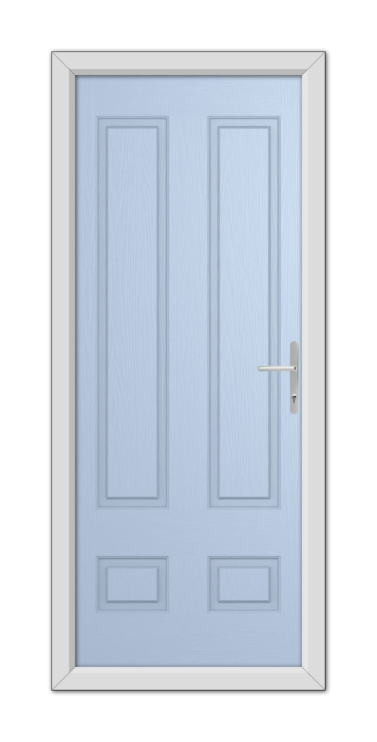 A closed Duck Egg Blue Aston Solid Composite Door 48mm Timber Core with a silver handle, set within a white frame.