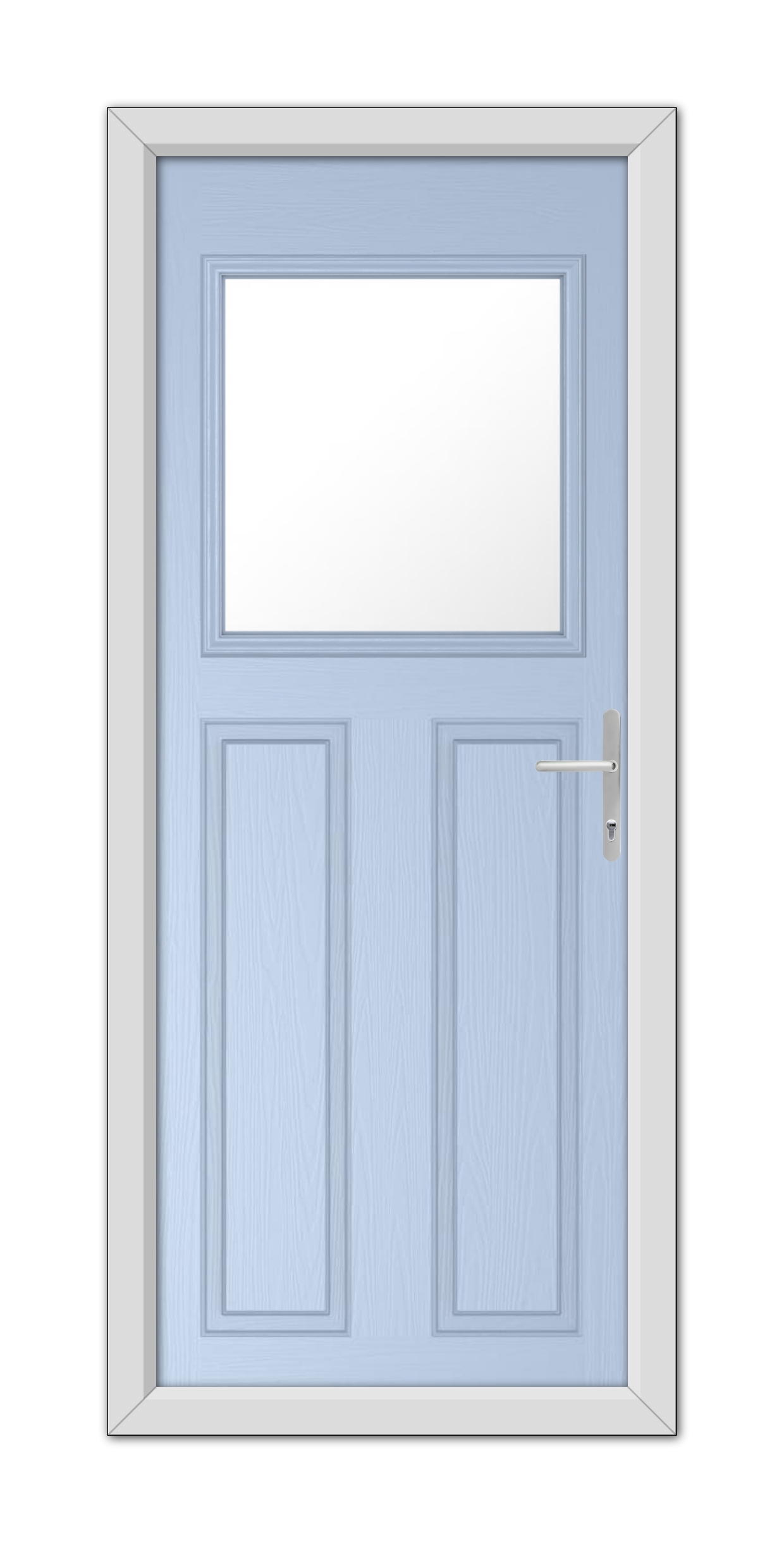 A Duck Egg Blue Axwell Composite Door 48mm Timber Core with a small rectangular window at the top, framed in white, featuring a modern handle on the right side.
