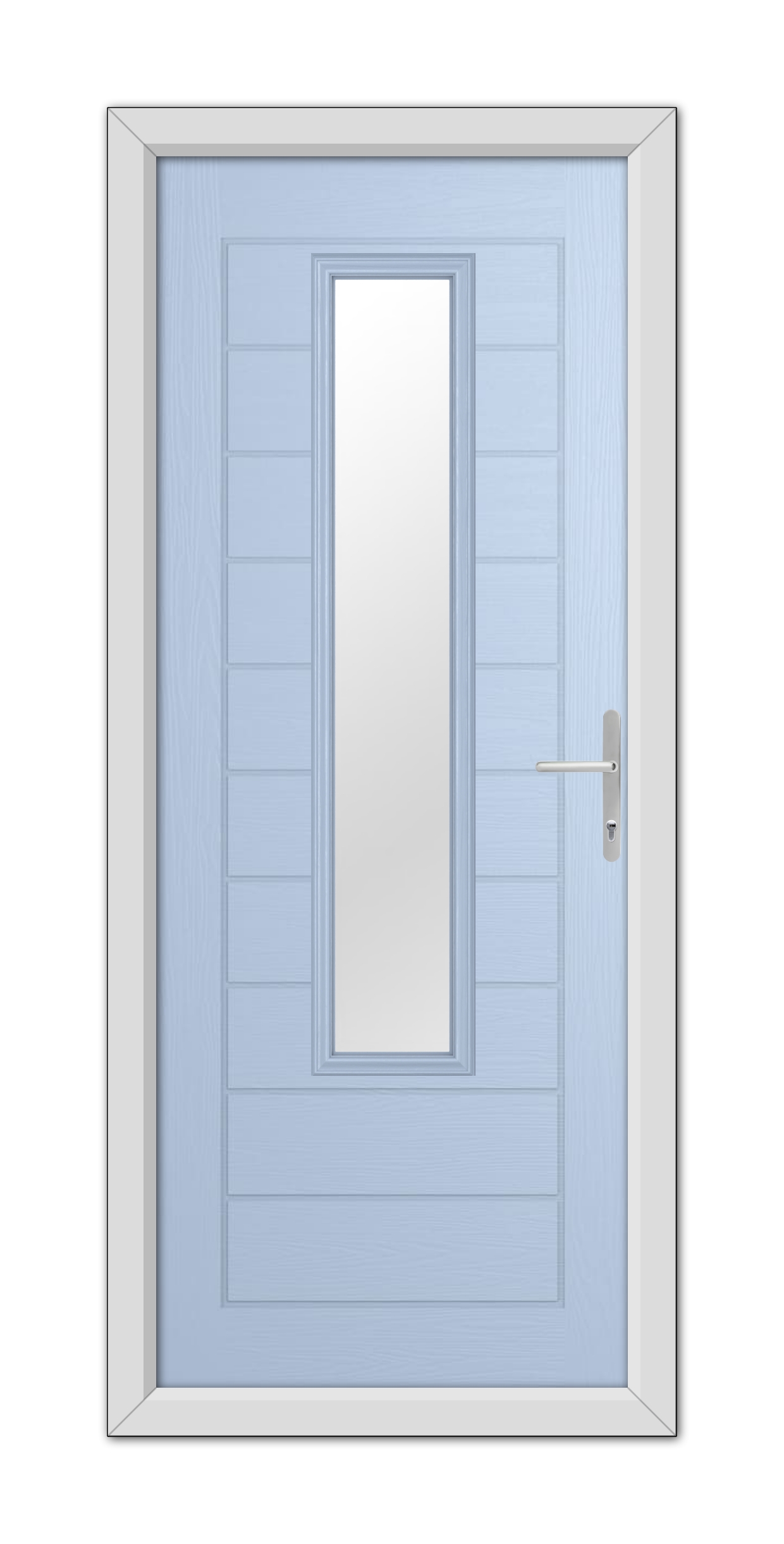 A Duck Egg Blue Bedford Composite Door with a vertical, rectangular glass panel and a silver handle, set within a white frame.