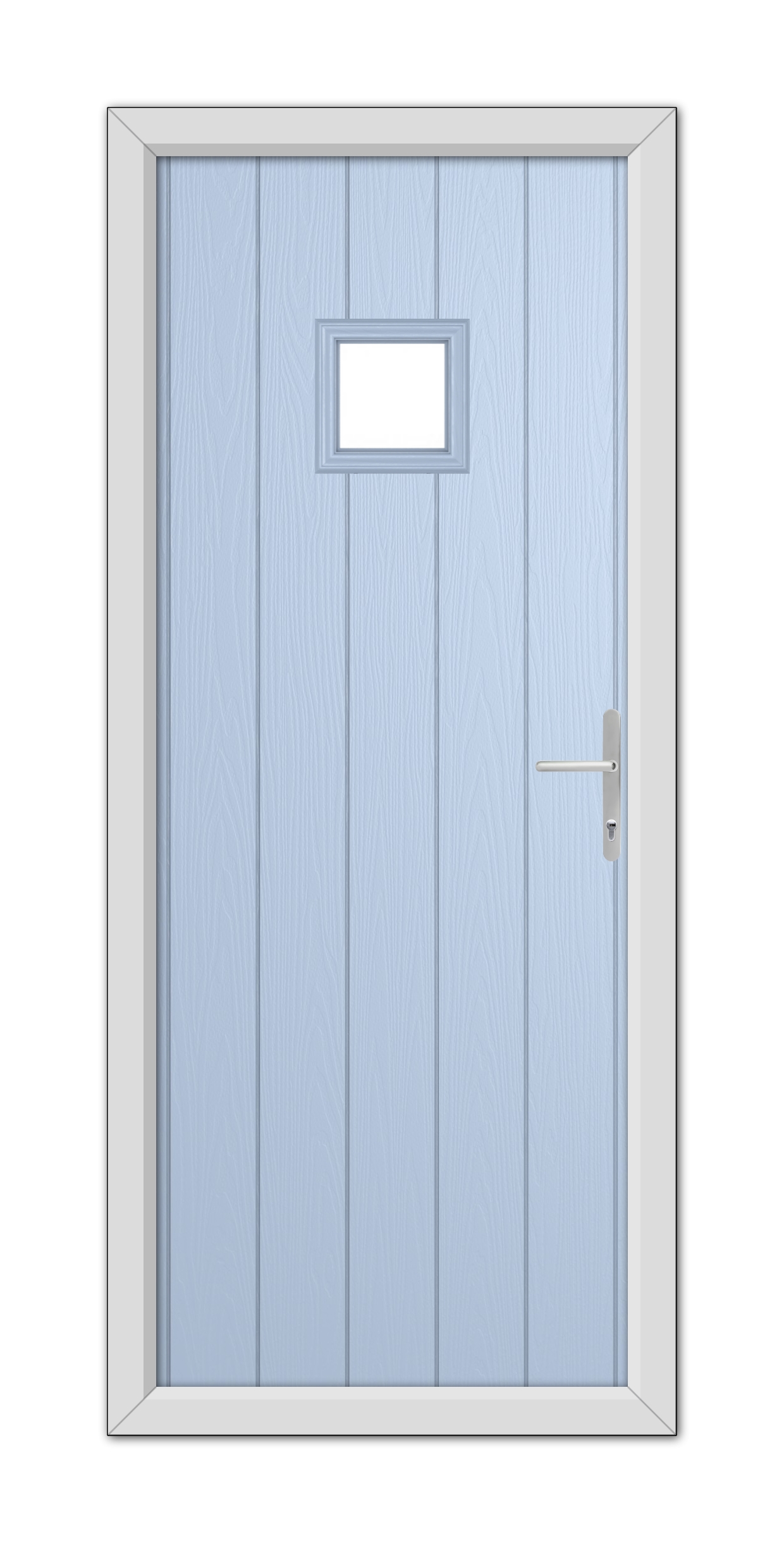 A Duck Egg Blue Brampton Composite Door 48mm Timber Core with a small rectangular window and a silver handle, set within a white frame.
