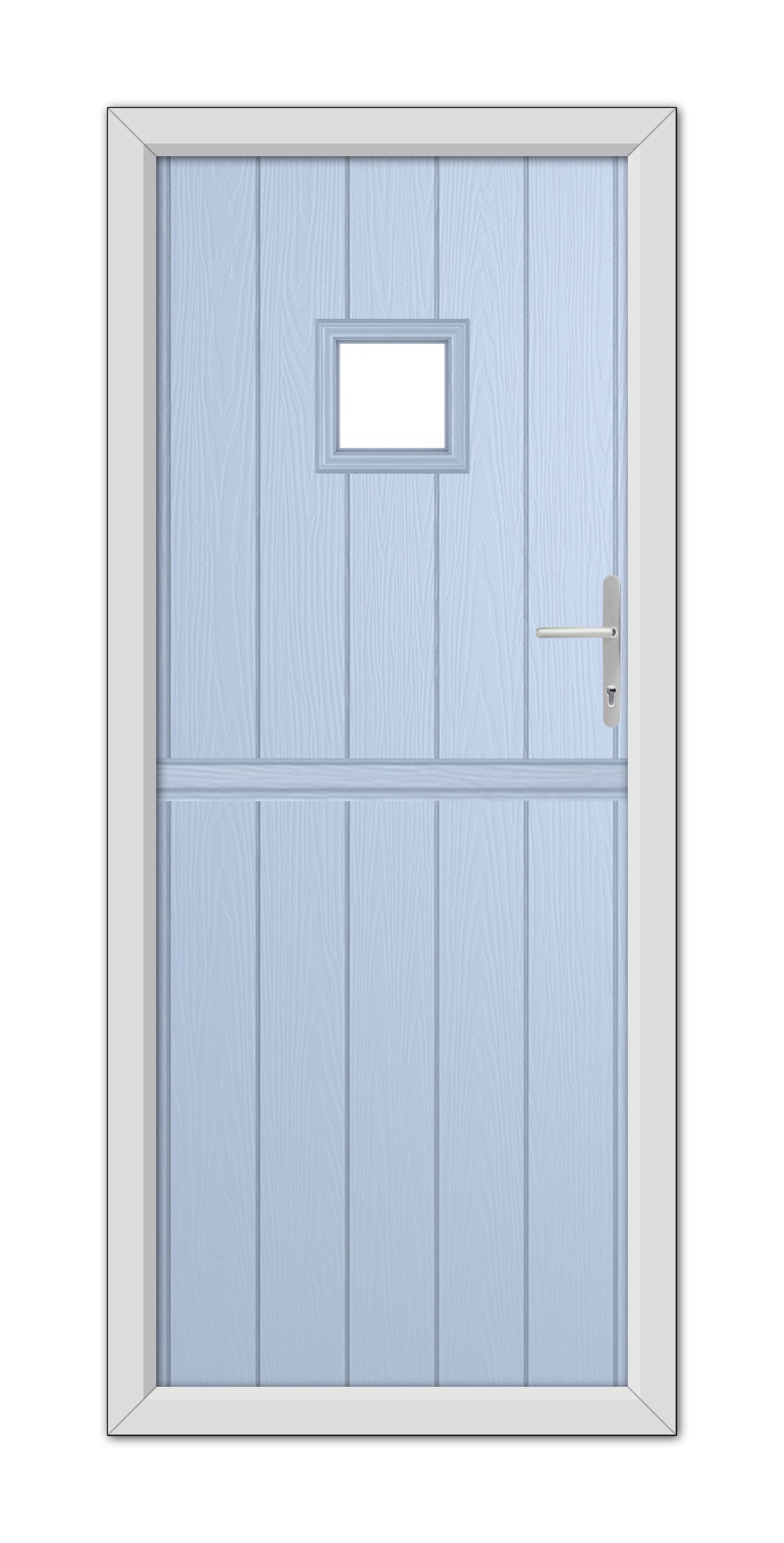 A Duck Egg Blue Brampton Stable Composite Door 48mm Timber Core with a small square window at the top, featuring a stainless steel handle and frame.
