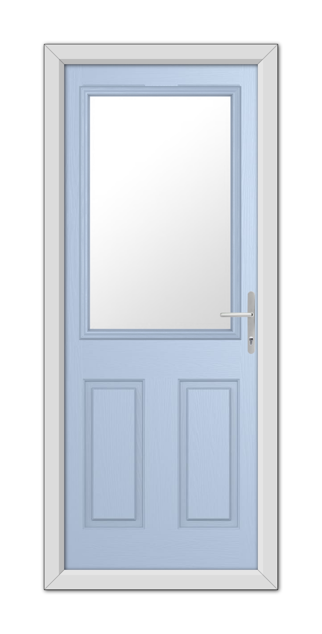A Duck Egg Blue Buxton Composite Door 48mm Timber Core with a rectangular frosted glass panel and a silver handle, set within a white door frame.
