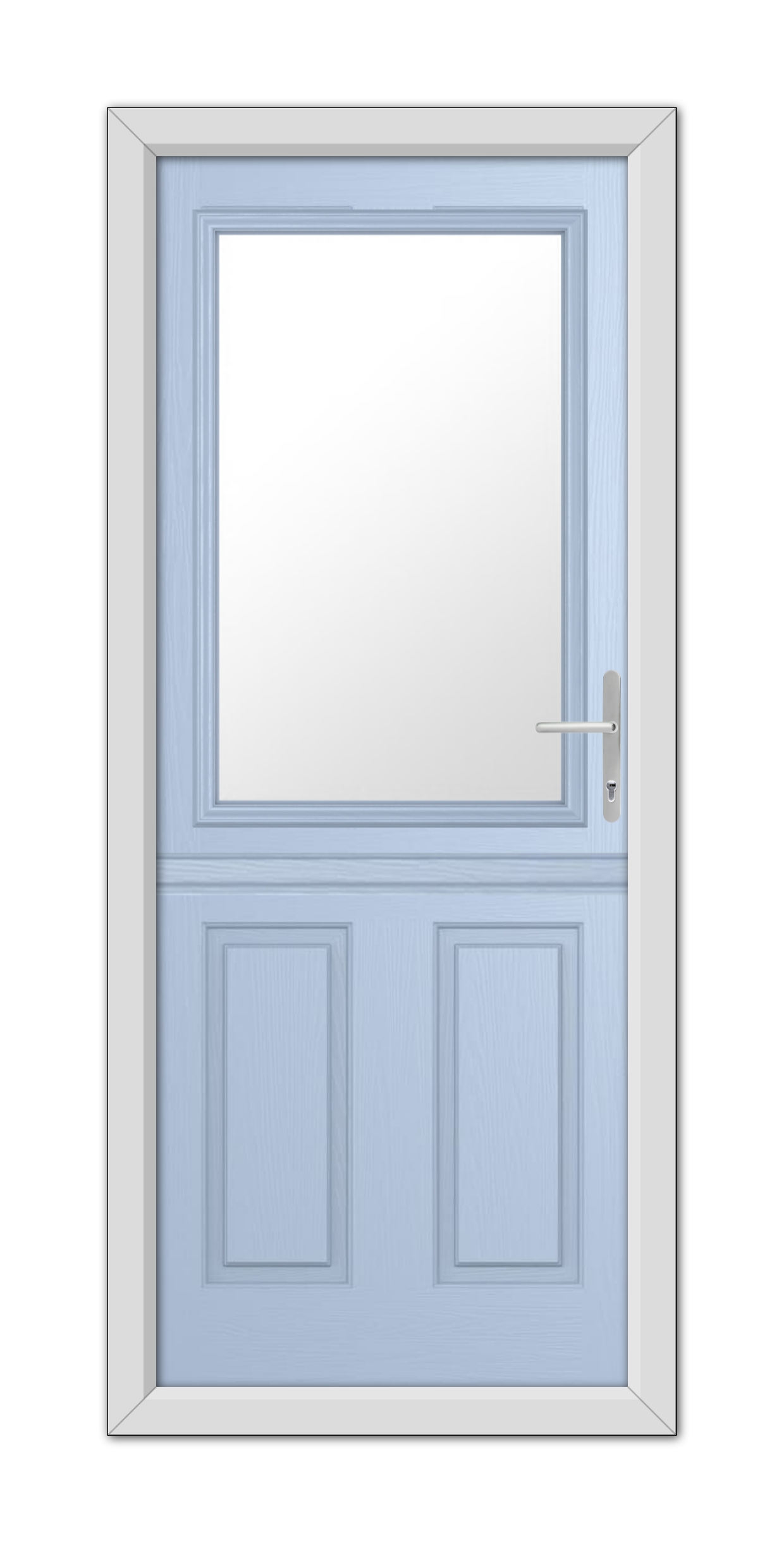 A Duck Egg Blue Buxton Stable Composite Door 48mm Timber Core with a rectangular window at the top, set in a white door frame, featuring a silver handle on the right side.
