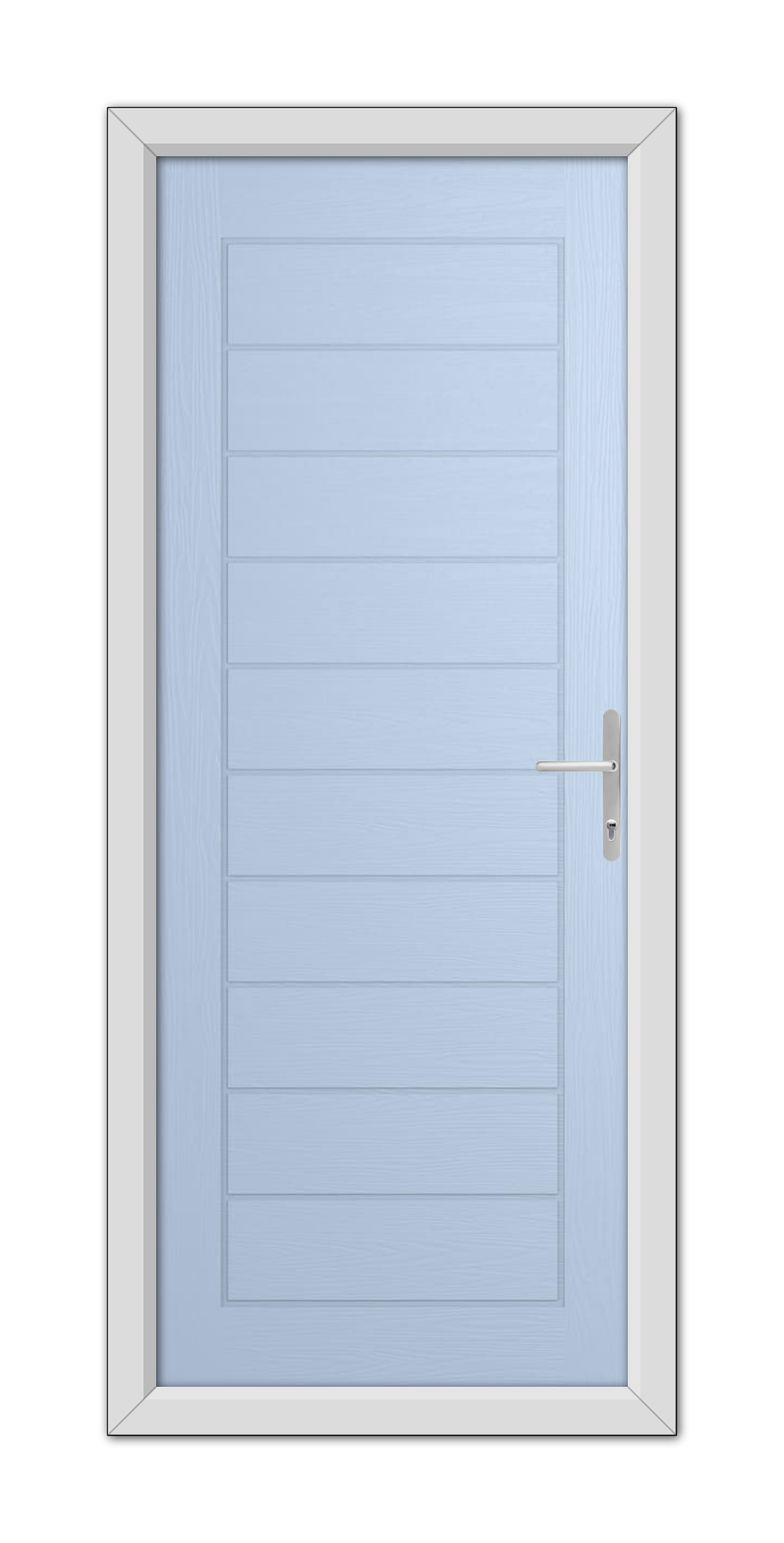A Duck Egg Blue Cambridge Composite Door with horizontal panels, a stainless steel handle, and a white frame, viewed from the front.