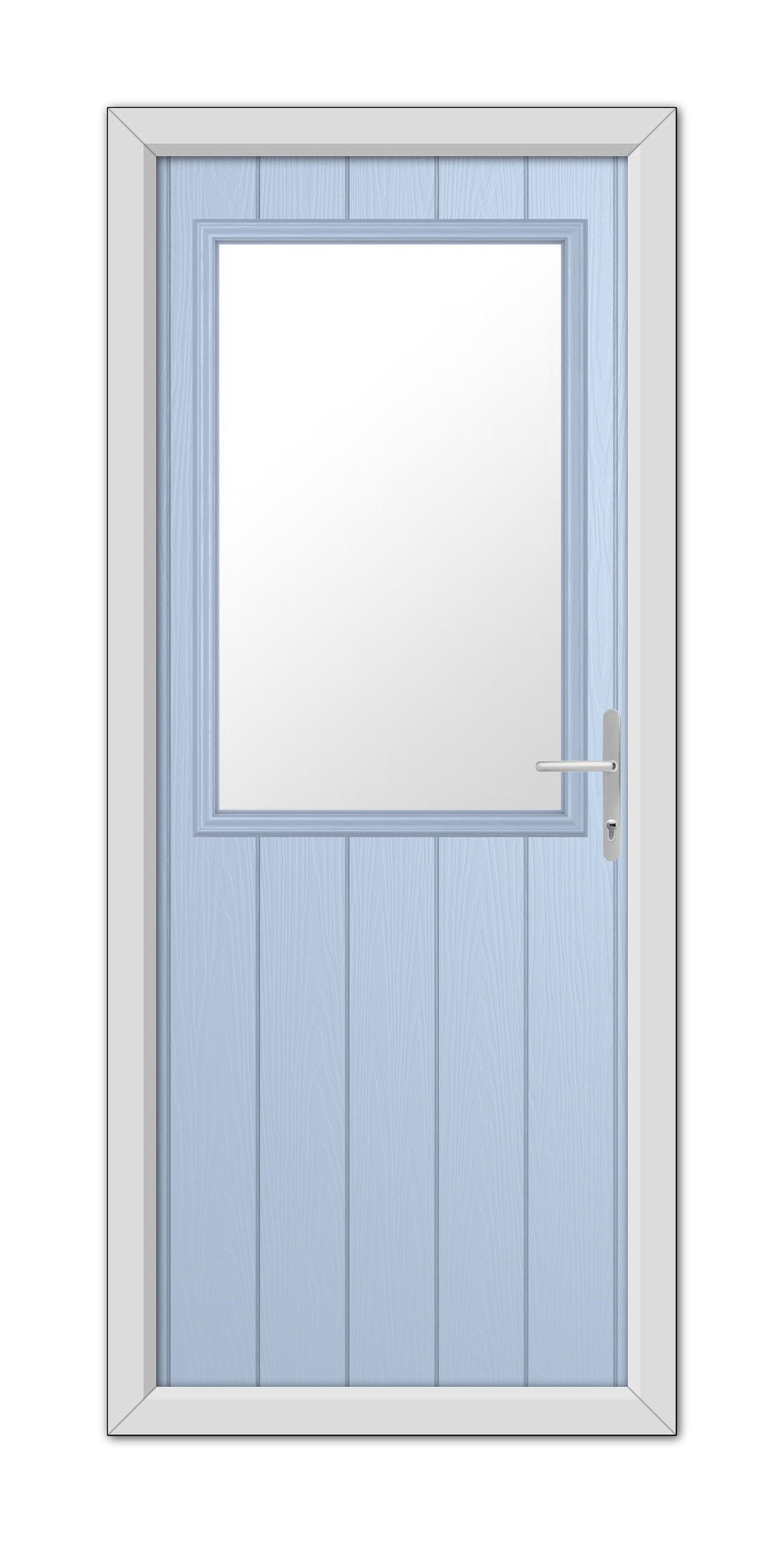 A Duck Egg Blue Clifton Composite Door 48mm Timber Core with a large square glass window, framed in white, featuring a silver handle on the right side.
